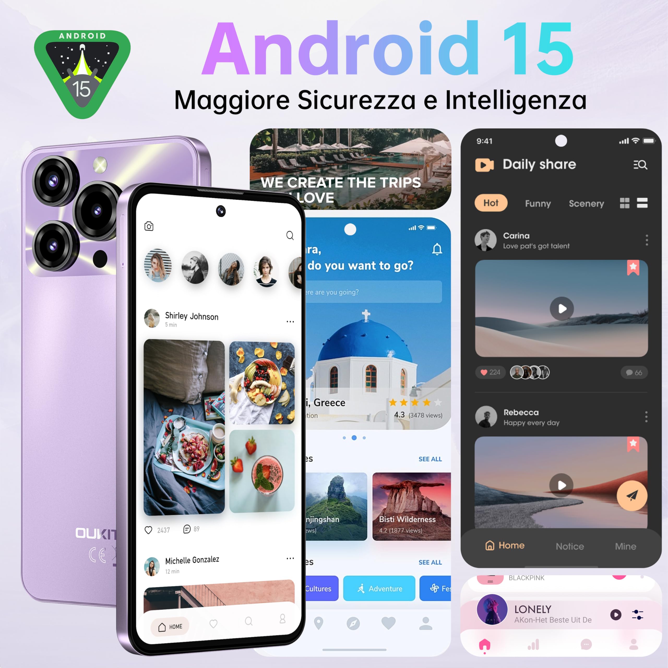 OUKITEL C69 Smartphone Android 15-24GB RAM+256GB ROM TF/1TB Telefono Cellulare, 7.2" HD+ 120Hz Grande Schermo, 6000mAh Cellulari, 64MP+8MP Telefono 4G Dual SIM/Fingerprint/Face ID/NFC/OTG, Viola