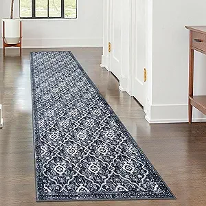 KILOCOCO 2x8 Runner Rug, Moroccan Super Soft Washable Hallway Runner Rug, Accent Print Faux Wool Kitchen Runner Rug 8 Feet Non-Slip Rug Runner for Laundry Room Bedroom, Black/Navy Blue White
