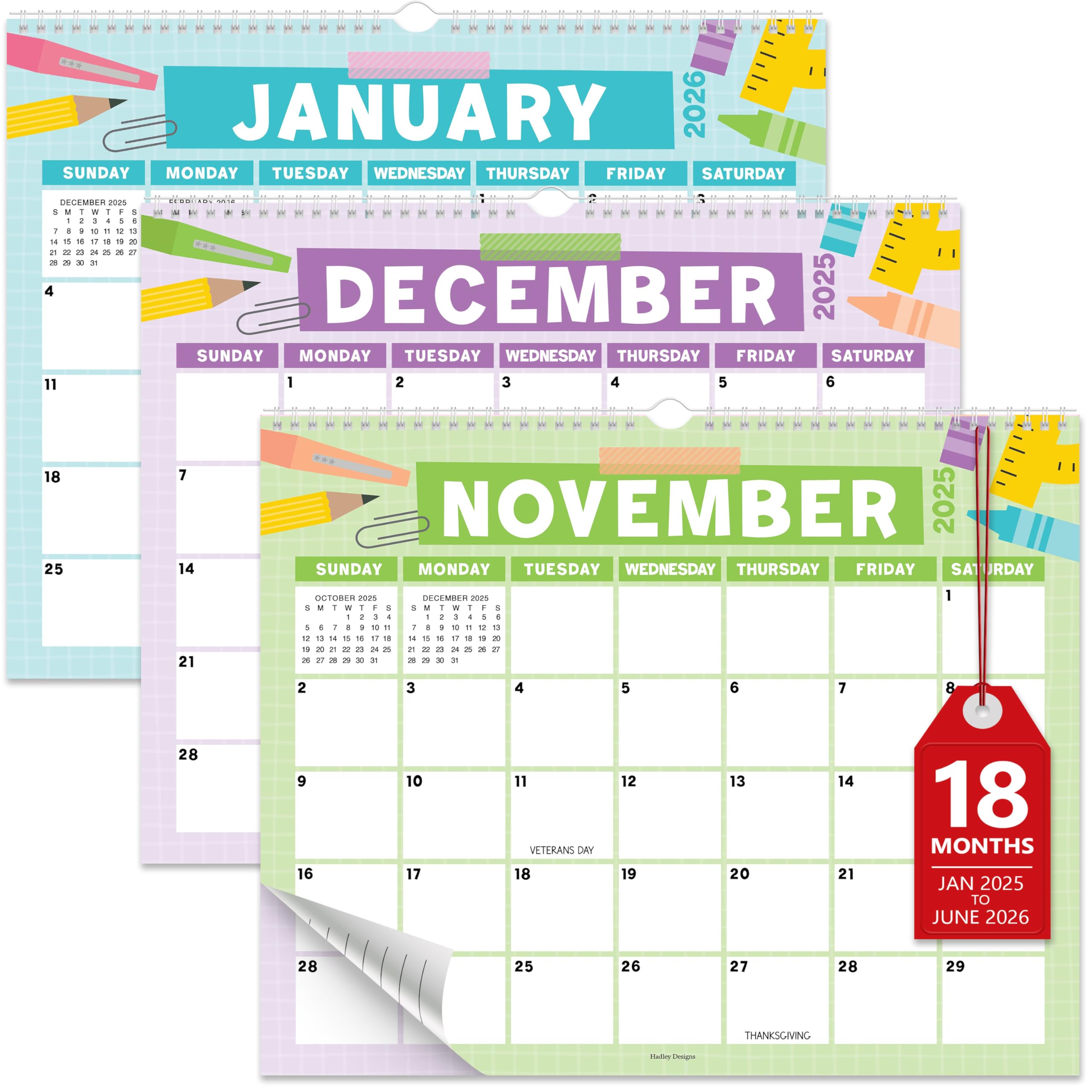 Hadley Designs Wall Calendar 2025-2026 – 18-Month Hanging Calendar 2025-2026 for Family, Home, School, & Office, Spiral Bound with Large Date Blocks &