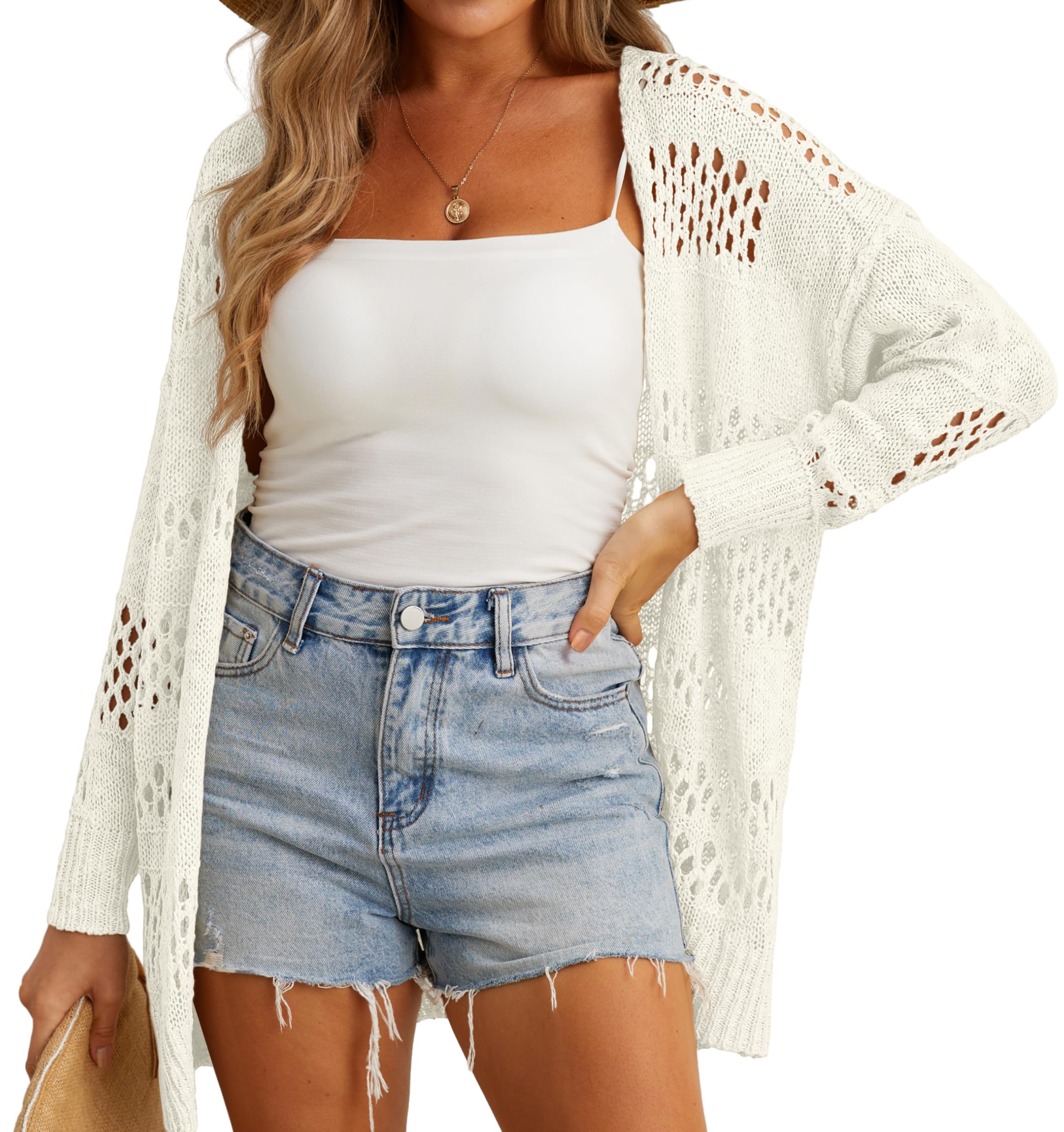 GRECERELLE Cardigan en crochet pour femme - Cache-maillot de plage léger creux ouvert sur le devant - Protection solaire