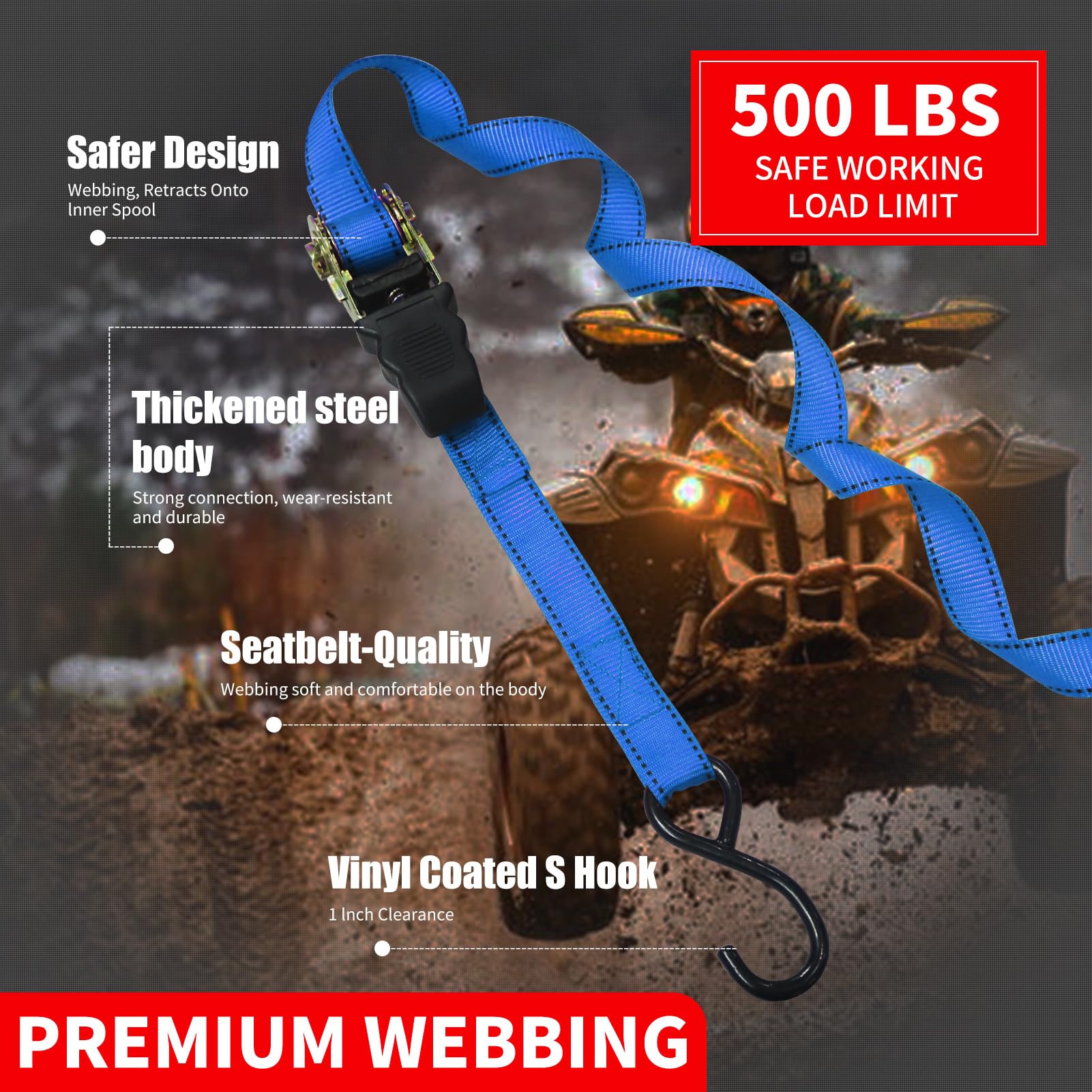 JIEYUGH Ratchet Straps 4-Pack - 15ft Tie Down Straps With 1,500lb Strength For Motorcycle, Truck, Cargo - View #6