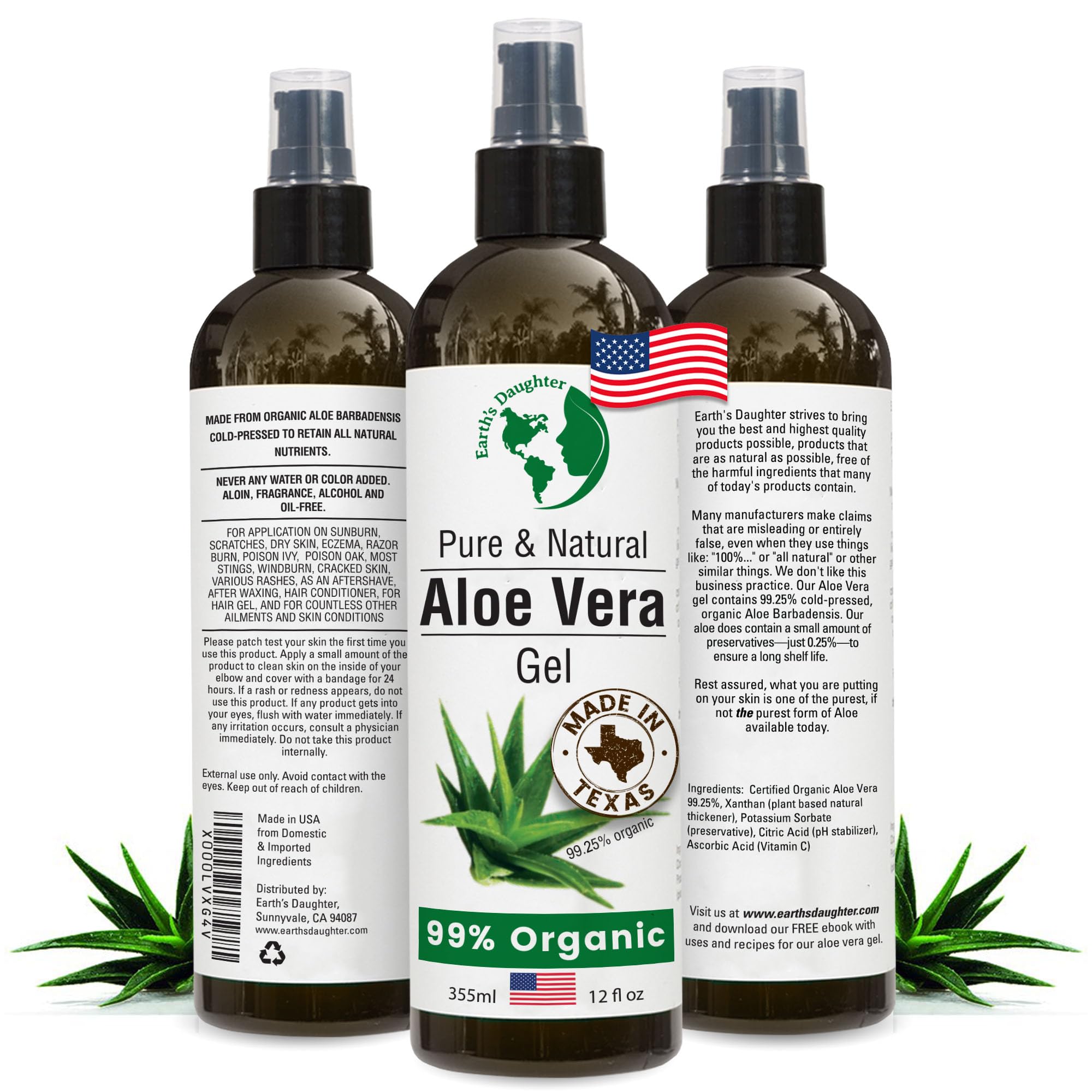 Earth's Daughter Organic Aloe Vera Gel from 100% Pure and Natural Cold Pressed Aloe – Moisturizes - Great for Face - Hair- Sunburn - Aftershave - Bug