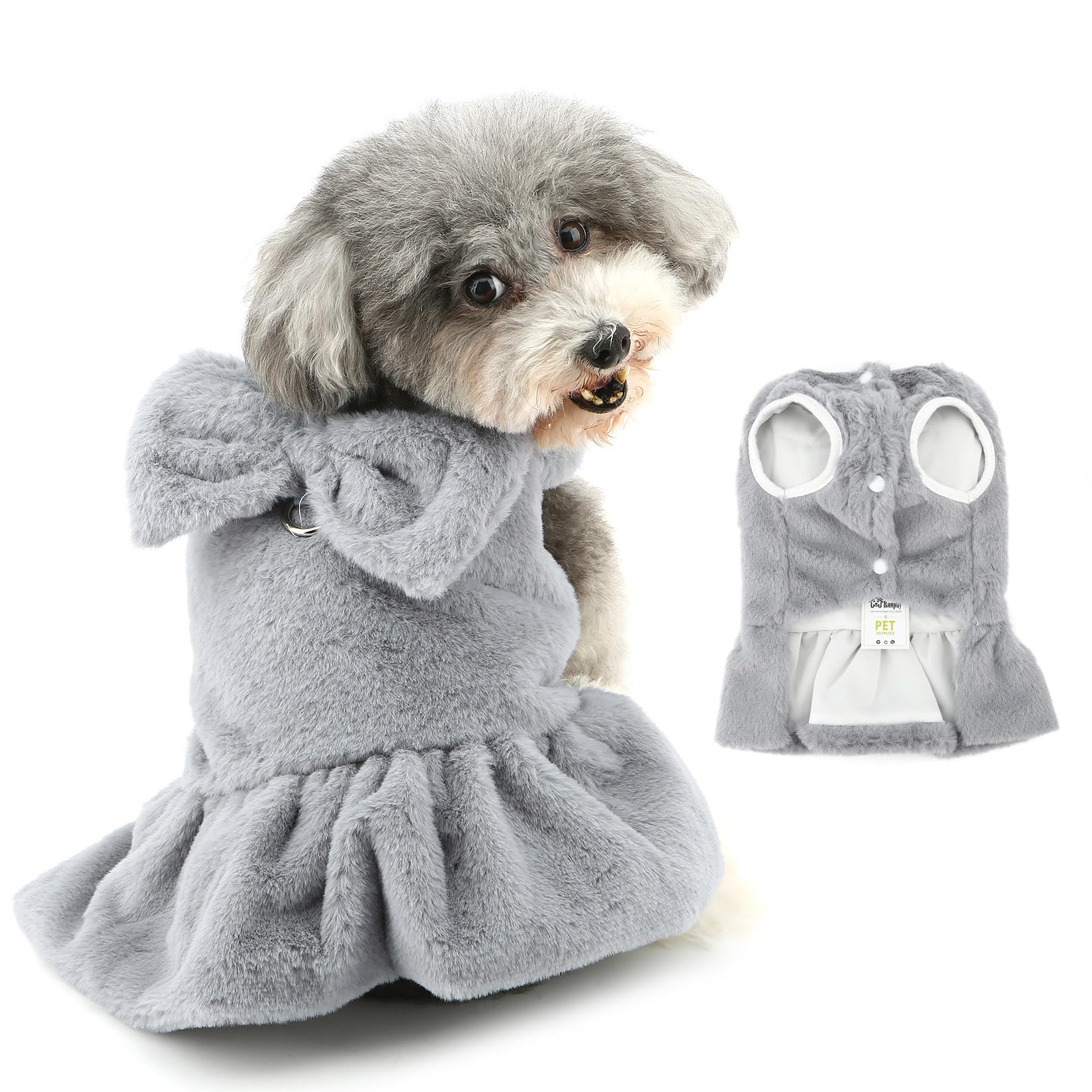 Ranphy Pet Plush Fleece Jumper Dress for Small Dog Fluffy Puppy Princess Skirt Outfits with Leash Ring Bow Sleeveless Yorkie Chihuahua Autumn Winter Female Dog Clothes Cat Clothing,Grey,XS — image 1