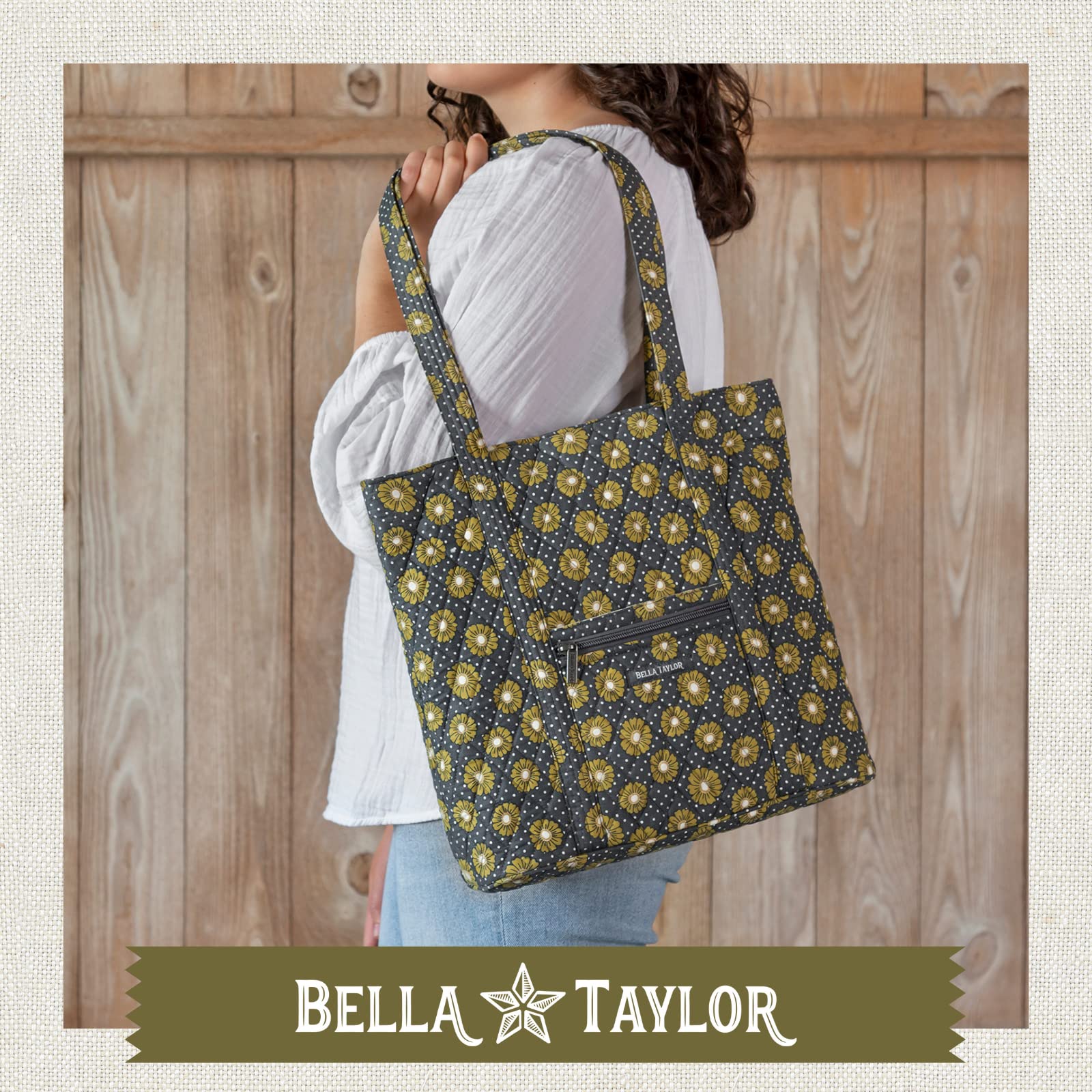 Bella Taylor Large Tote | Quilted Floral Tote Bag for Women | Dotted Daisy Charcoal