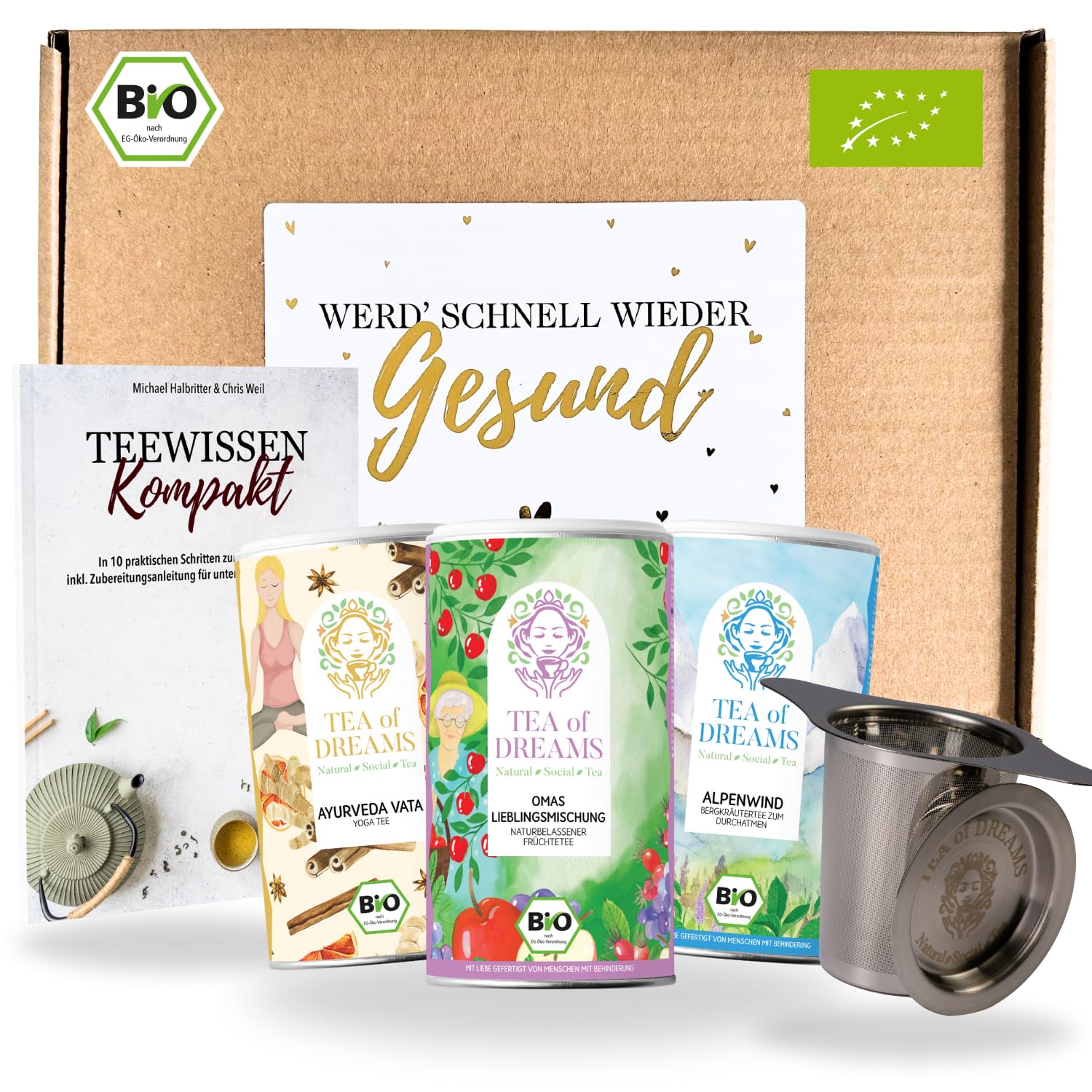 Zestaw upominkowy do herbaty "Gute Beterung – 3 bio-herbaty", sitko do herbaty ze stali nierdzewnej i 48-stronicowy magazynek do herbaty – najlepszy prezent na powrót do zdrowia dla mężczyzn i kobiet