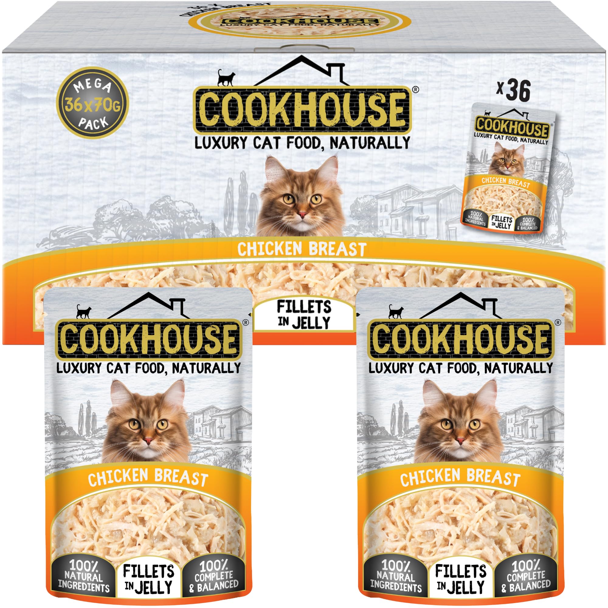 COOKHOUSE 100% Natural & Complete Luxury Wet Cat Food - 36 x 70g Pouches - Chicken Breast - Fillets in Jelly