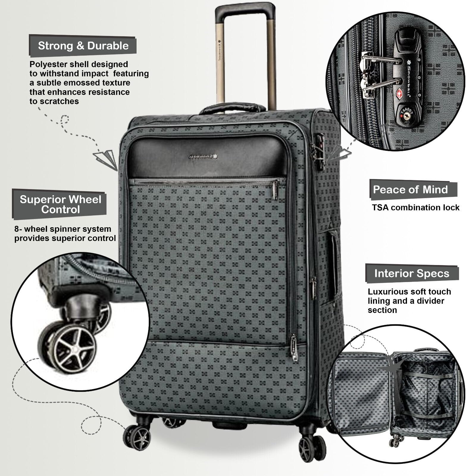 Infinity Leather Walizka Soft Shell Bagaż Kabina Kosmetyczka Podróżny Zestaw walizek, szary, Cabin 21", Bagaż podręczny