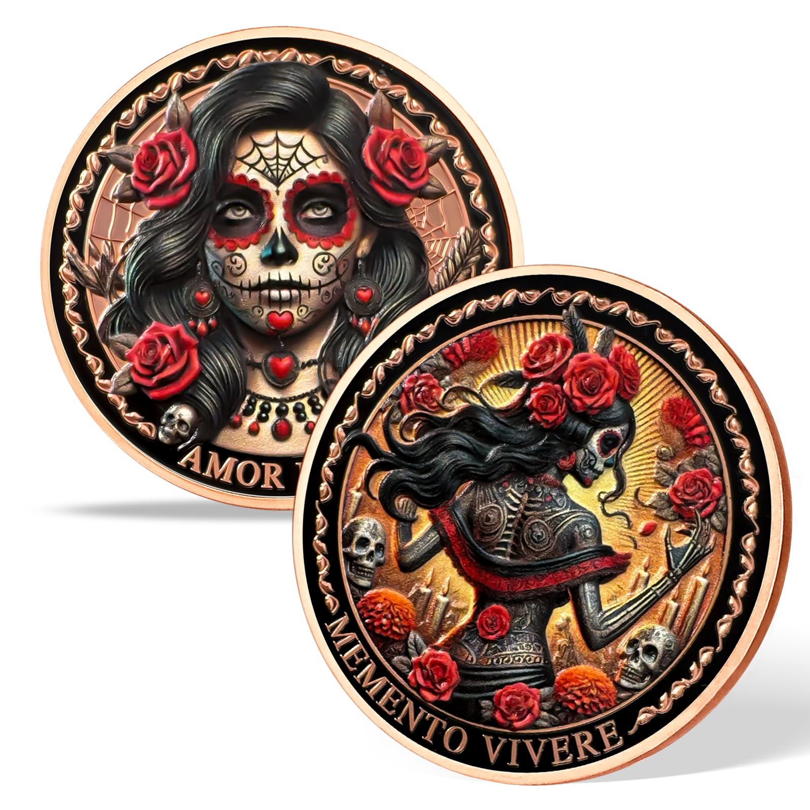 AtSKnSK Memento Mori Moneda – Rosas Calavera Moneda para mujer, recuerdo y regalo para hombre y mujer