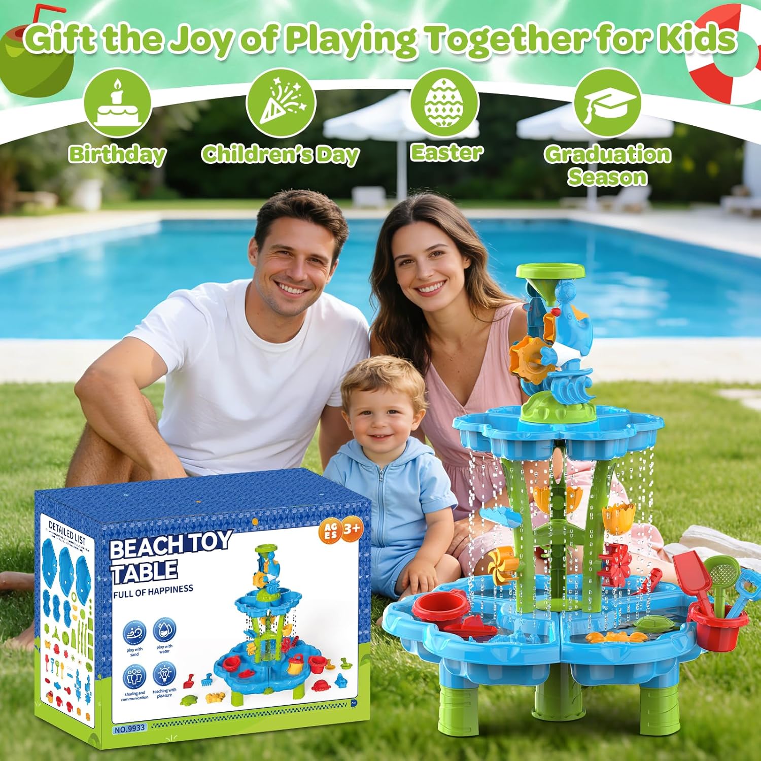 3-Tier Kids Toddlers Water Sand Table - Multifunctional Summer Outdoor Toys with Stable Design,Sensory Learning Backyard Poolside Beach Activity Playset Gift for Boys Girls(Azure)