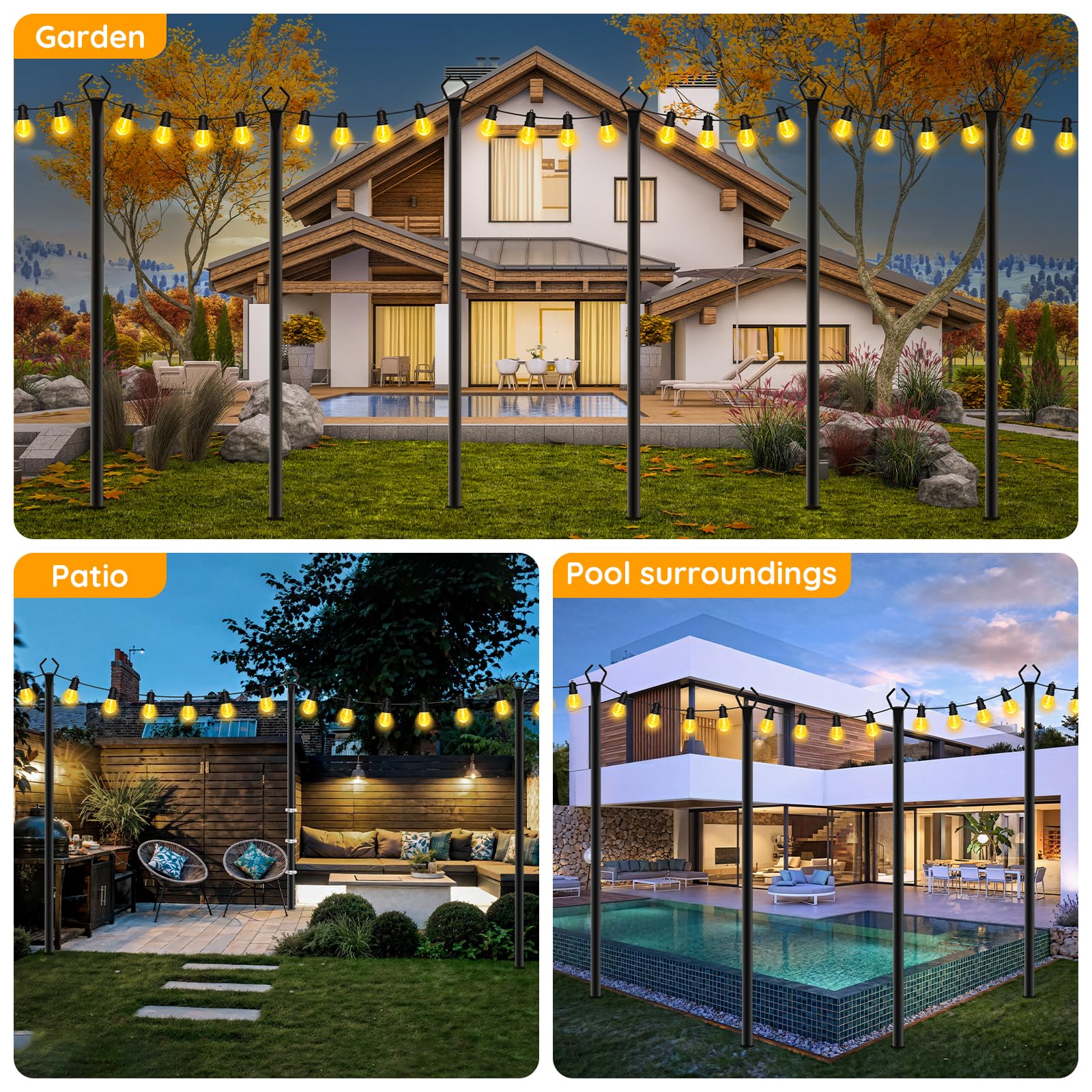 Paquete de 6 postes de luz de cadena para exteriores, poste de luz de metal bifurcado de 10 pies con soporte de luz ajustable para exteriores, terraza, patio trasero, jardín, boda, resistente al óxido 2