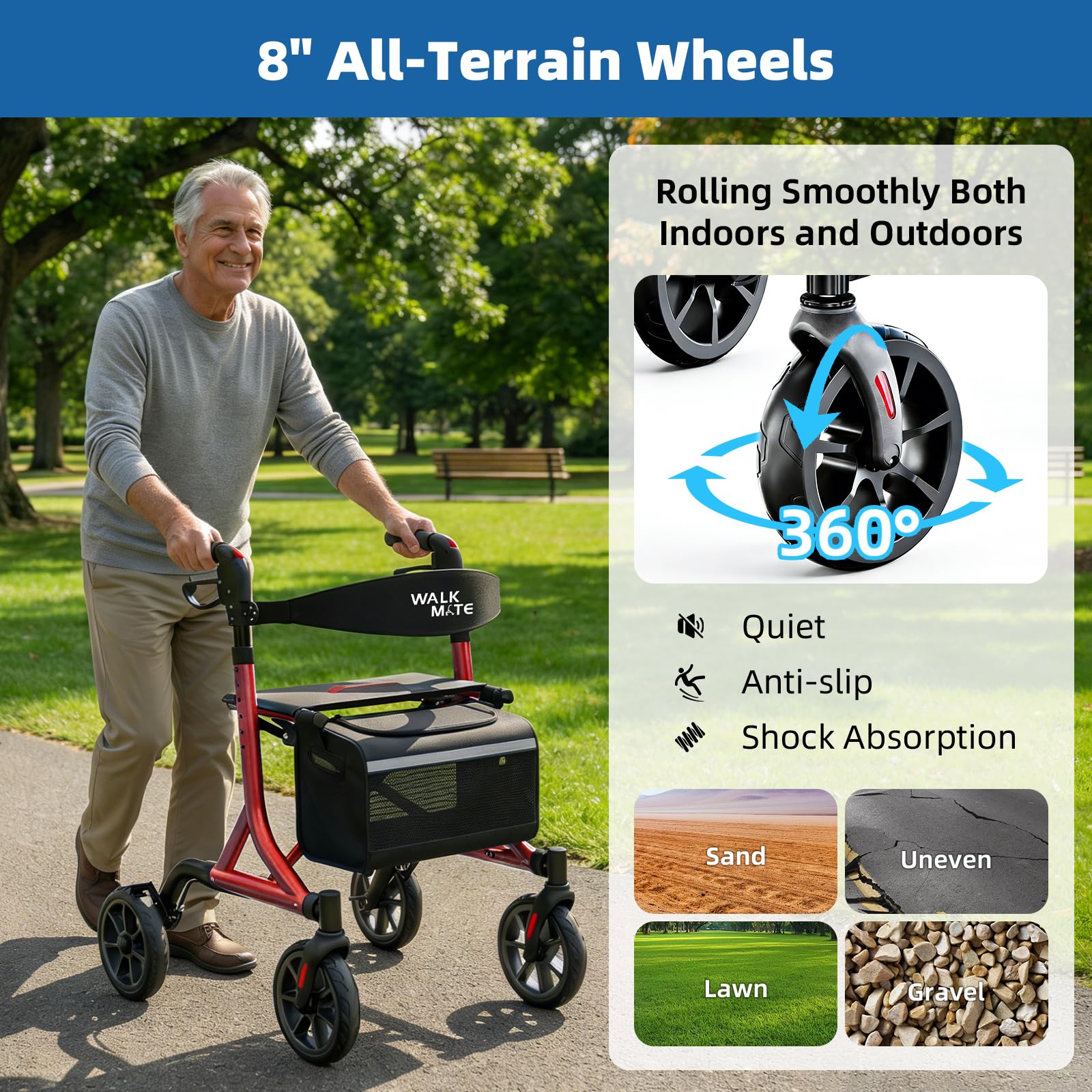 Walk Mate Rollator Pieghevole e Leggero con Seduta - Compatto per la Casa, Regolazione Ergonomica dell'Altezza 150-190 cm, Ruote Fuoristrada, Peso Ultraleggero di Soli 6,7 kg