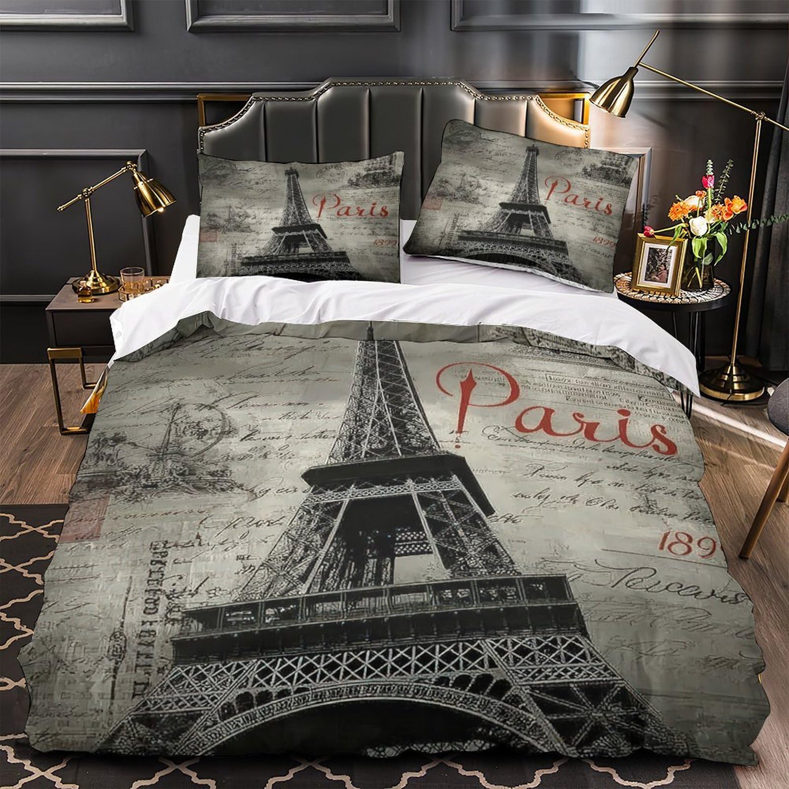 Housse de Couette Tour Eiffel 140x200 Parure Lit Vintage