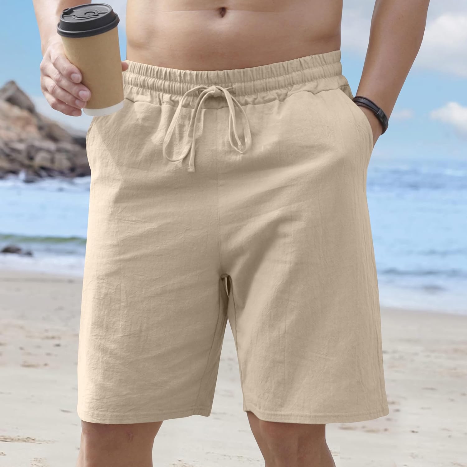 Mens Linen Shorts Casual Drawstring Elastic Waist Lightweight Breathable Summer Beach Shorts for Men - Image 2