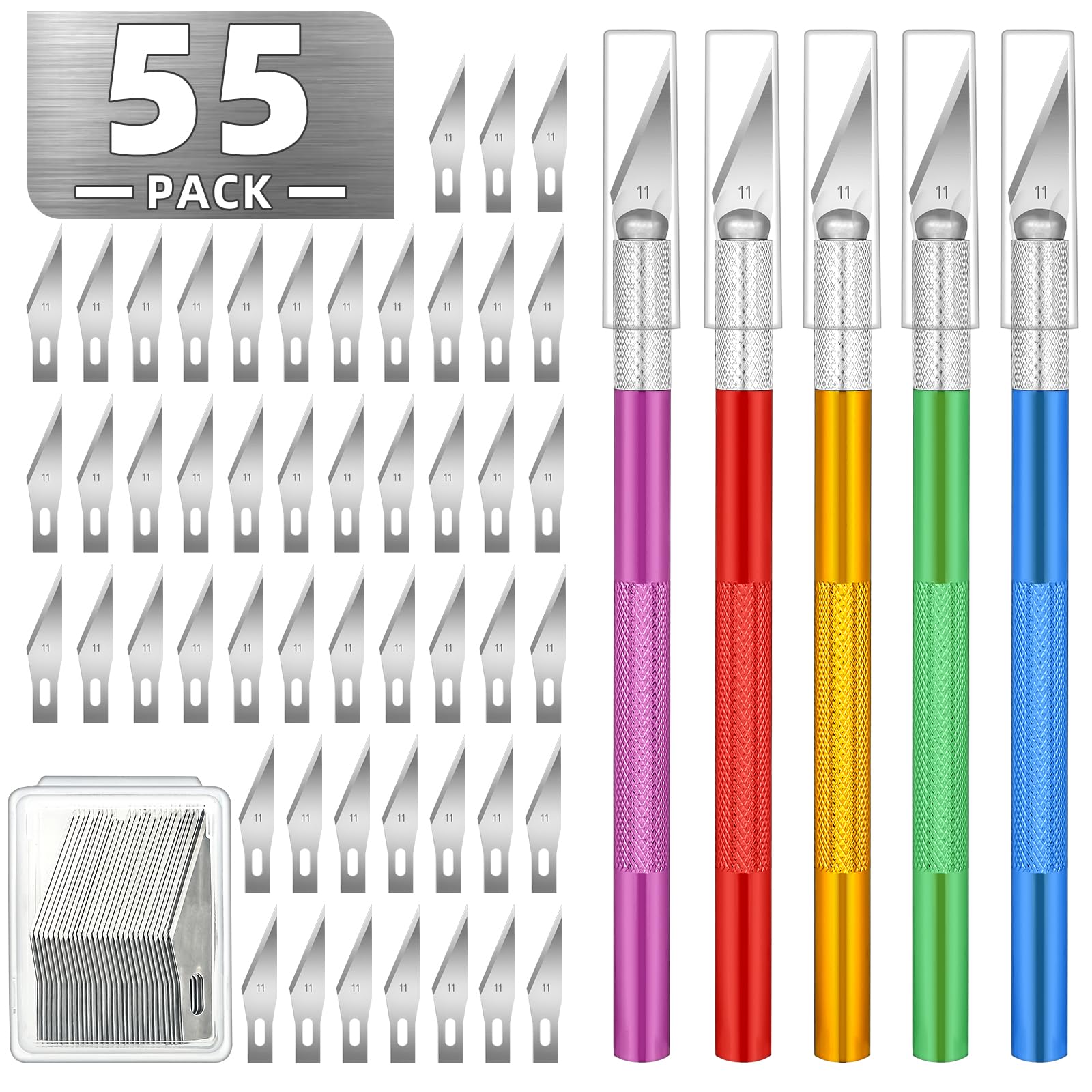 55 Pack Exacto Knife, Hobby Knife Set with 5 Craft Knives and 50 Precision Knife Blades(#11) for Art,Scrapbooking,Carving, DIY, Cutting, Stenciling by EGYPAMID