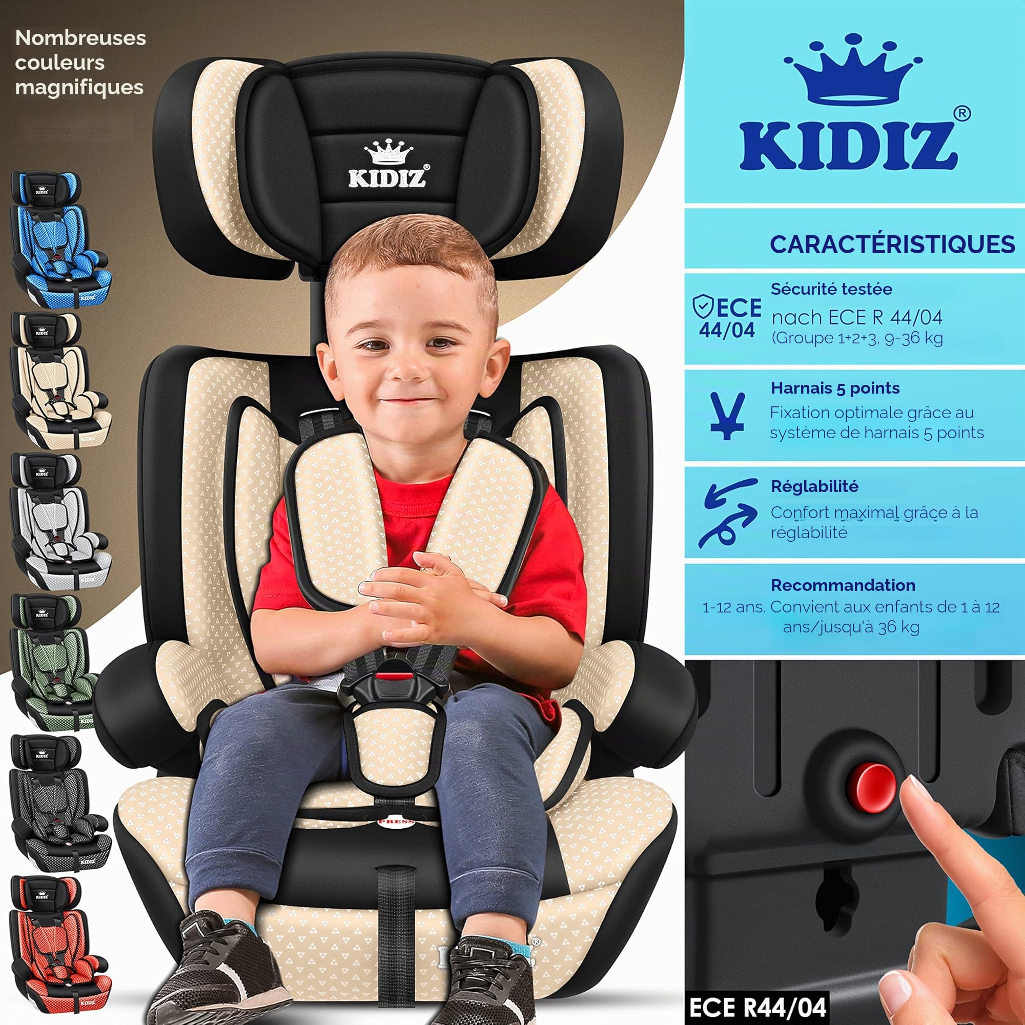 KIDIZ® Siège auto enfant | coque de siège auto | 9-36 kg 1-12 ans | Groupe 1/2/3 | universel | homologué selon ECE R44/04 | 6 couleurs différentes, Beige