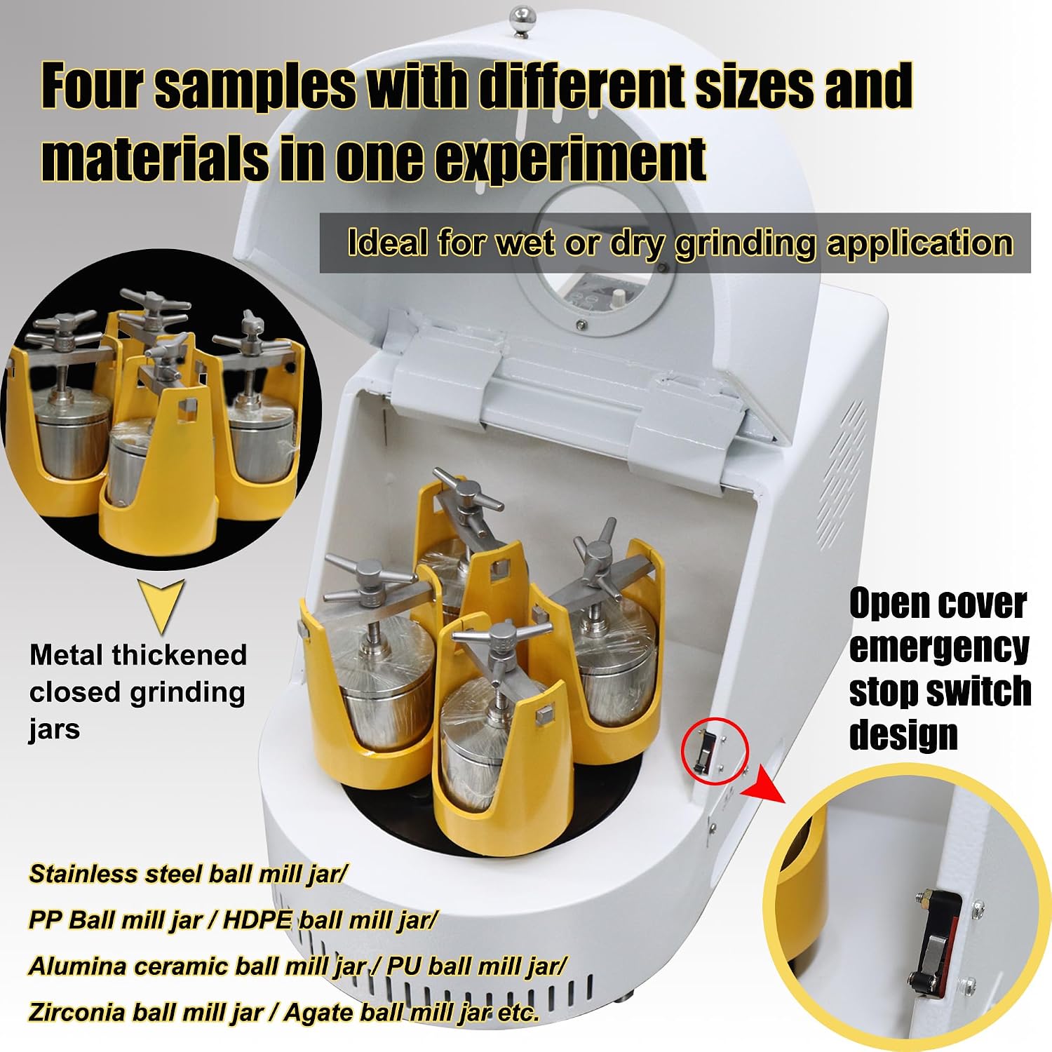 Planetary Ball Mill Machine 0.4L Lab Planetary Ball Grinding Mill Powder Grinder Ceramic Planetary Pulverizer with 4 x 0.1L Stainless Steel Jar for Geology Metallurgy Ceramics 110V