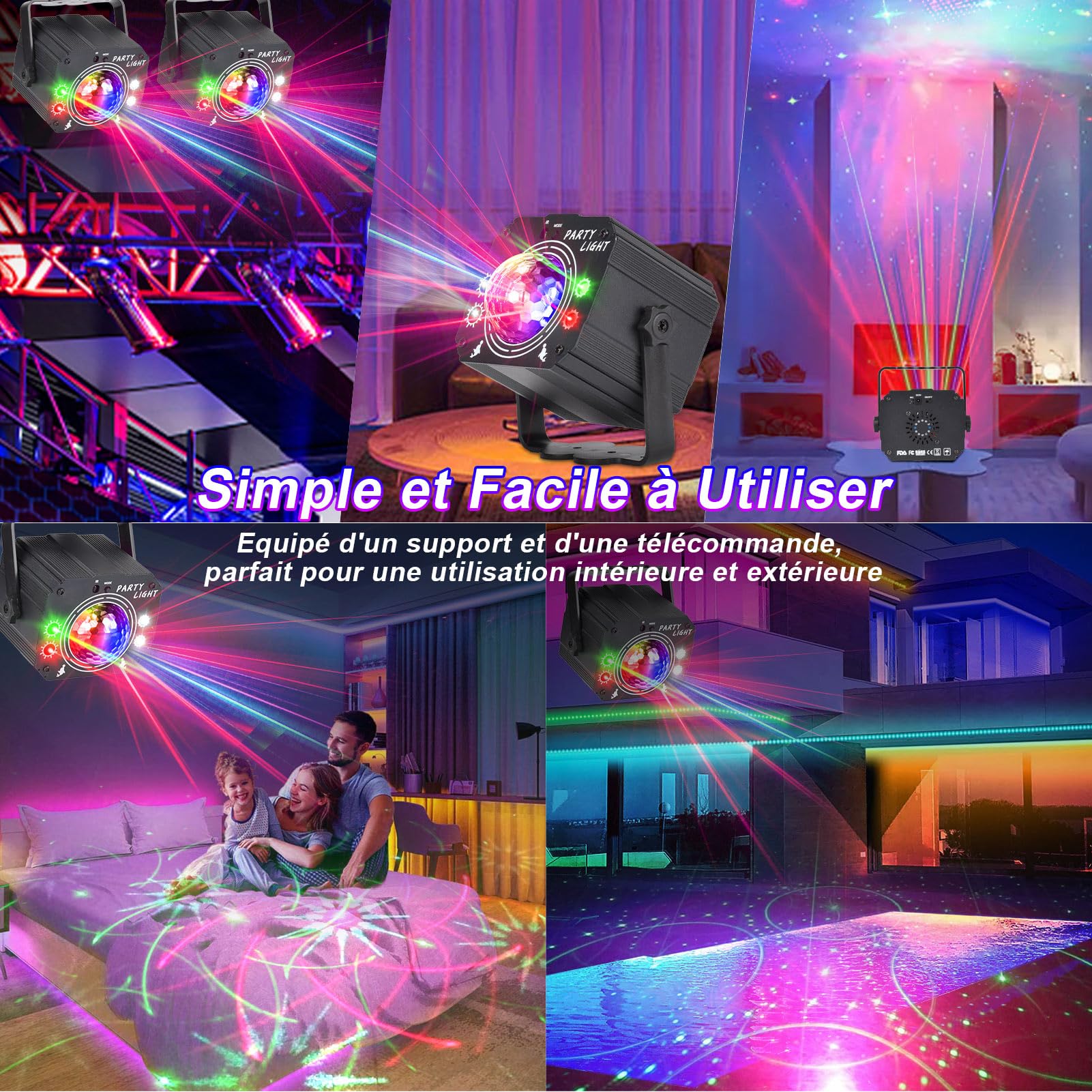 Lampe de Scène 3 en 1 avec Télécommande, Boule Disco avec Stroboscope, Lumière de Fête DJ LED à Commande Vocale Divers Effets RGBW Lumiere Soirée avec 2m Câble USB pour Halloween, Noël, Club, Vacances