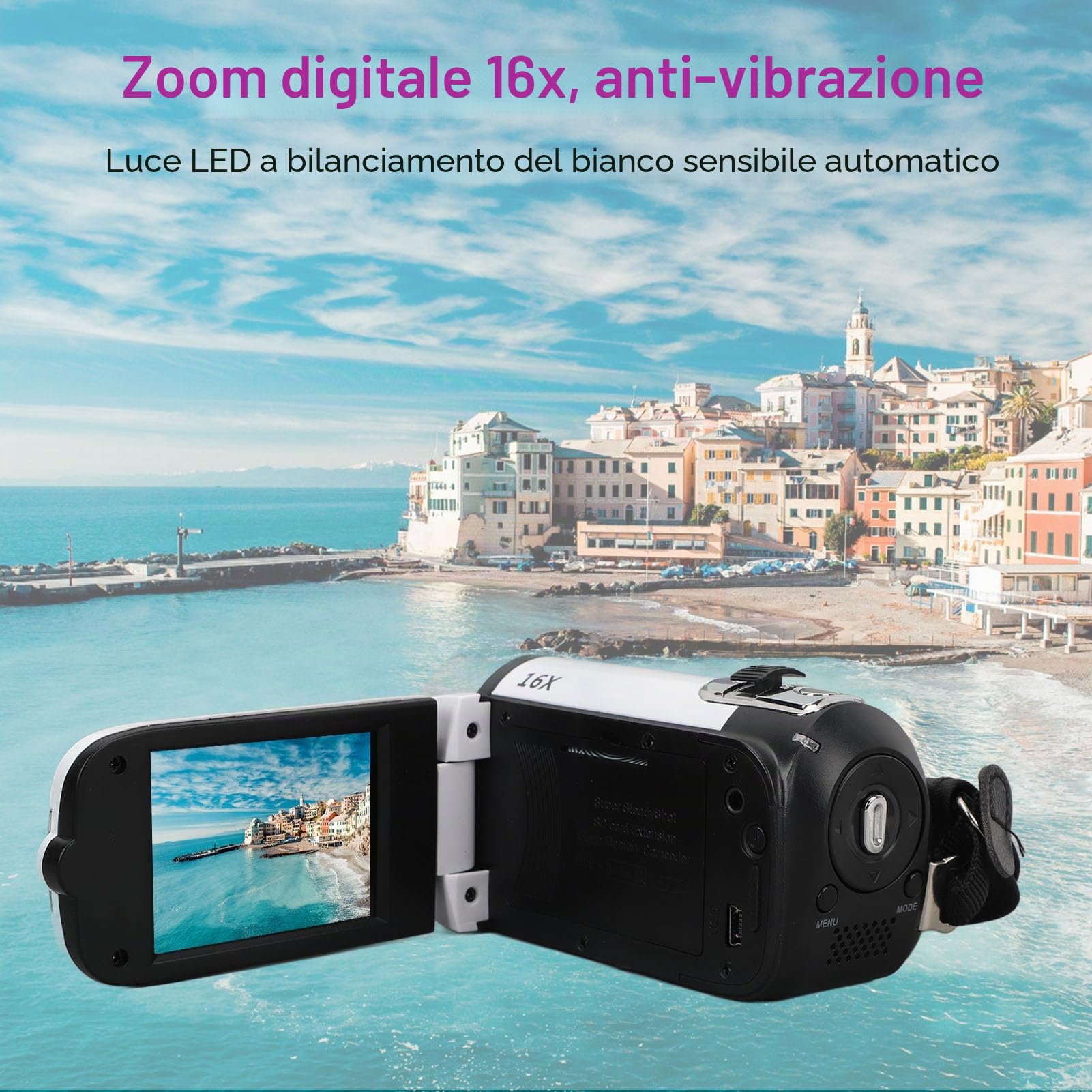 Bewinner Videocamera portatile Mini DV da 16 MP,Zoom digitale 16X,Fotocamera per foto 1080P con schermo LCD da 2,7 pollici, anti-vibrazione, selfie con timer e, Enchufe europeo 100-240 V