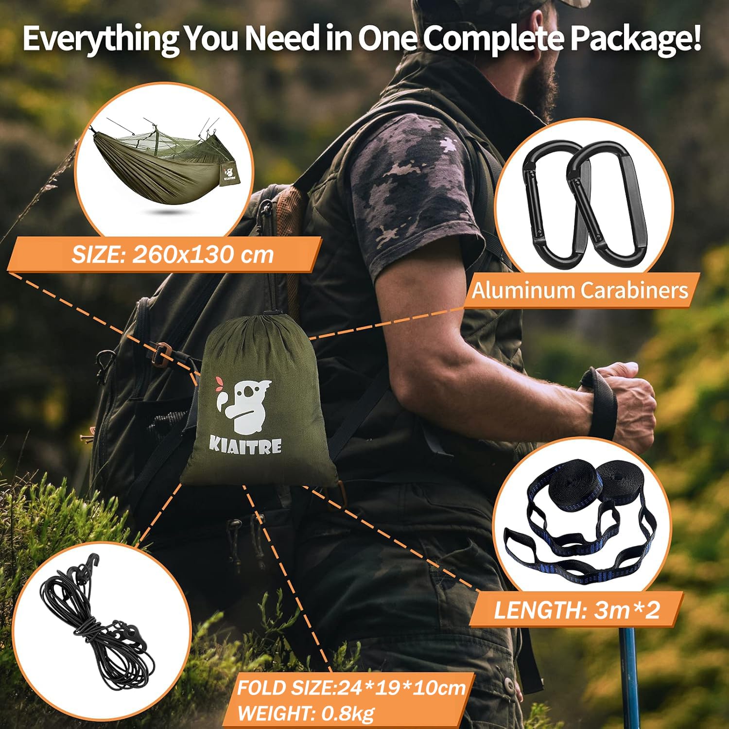 Kiaitre Hängematte Outdoor mit Moskitonetz - 260 x 130 cm Leichte Nylon für Rucksacktouren, Camping, Wandern und Strandabenteuer - 200kg Tragfähigkeit