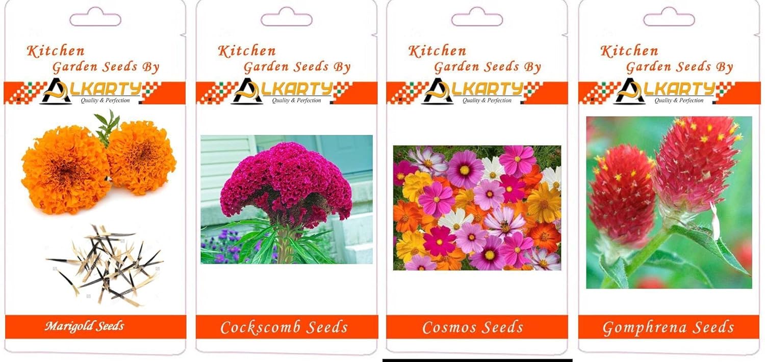 alkarty Marigold, Cosmos, Gomphrena Summer Flower Seeds Pack