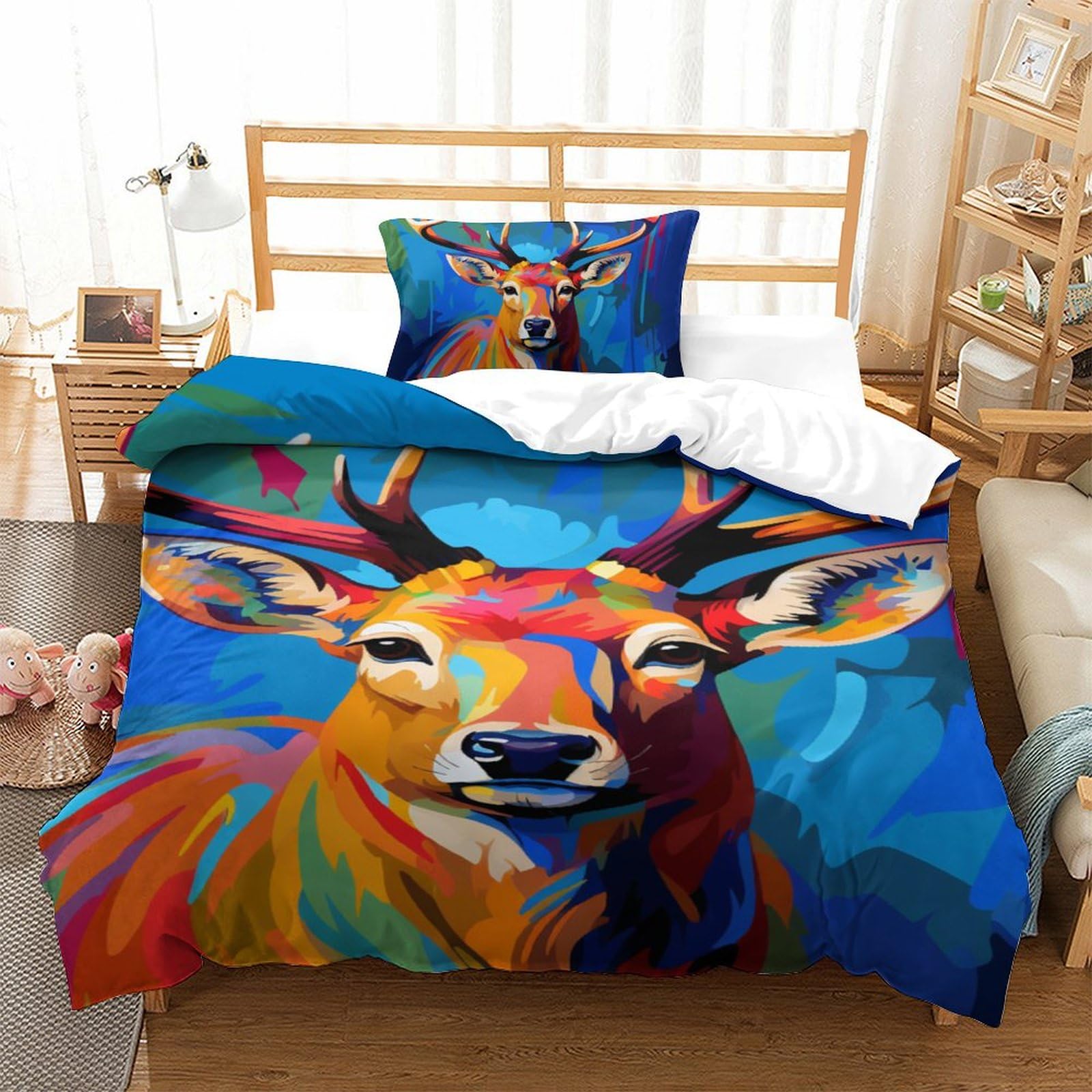 Parure de lit microfibre 135x200cm avec housse de couette wapiti 3D et taie d'oreiller fermeture éclair