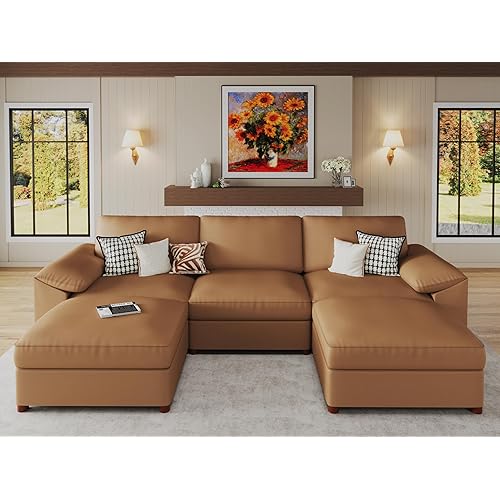 EASE MOOSE Oversized Modular Sectional Sofa,Leather Sectional Couch with Deep Seat,Extra Large U Shaped Couch,Modern Comfy Scratch Resistant Faux Leather Material Sofa,Brown
