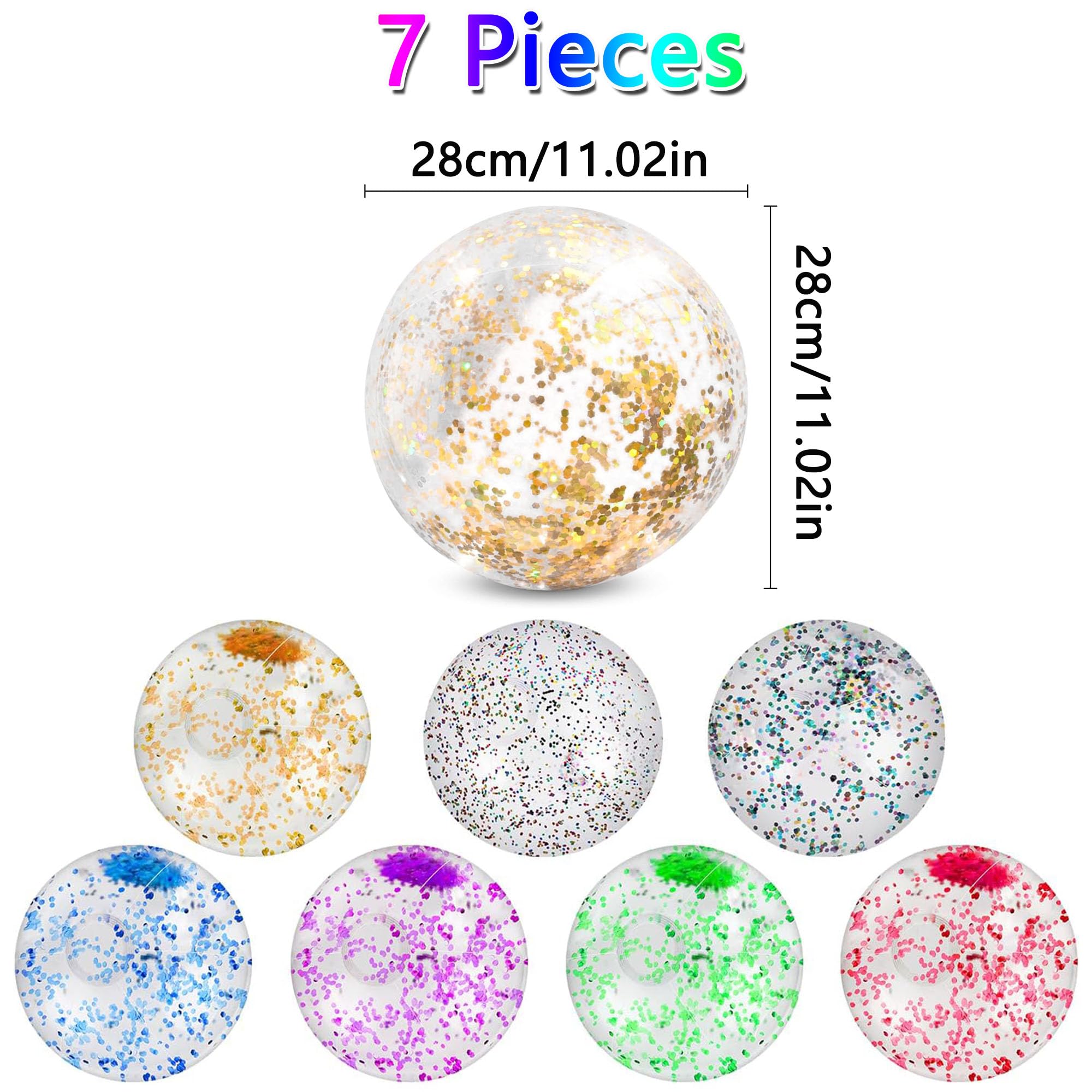 7 Pièces Ballon Gonflable Glitter Ballon De Plage Inflatable Beach Ball Transparent De Rebond Résistant à La Déchirure, Ballon Piscine Flottant pour Les Vacances, La Piscine, Les Fêtes