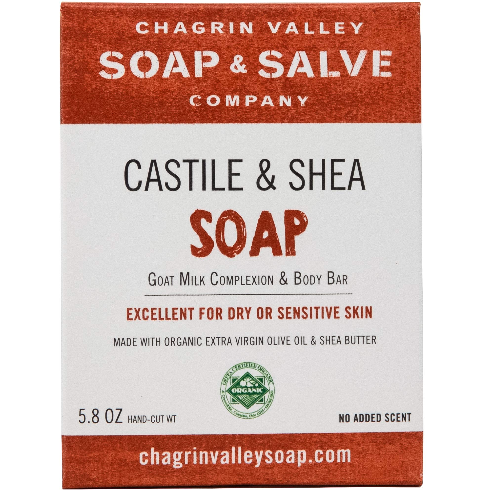 Chagrin Valley Natural Soap Bar - Organic Castile & Shea Butter - For Sensitive Skin and Itchy Skin Relief - Large 5.6 oz Unscented Bar Soap For Women and Men