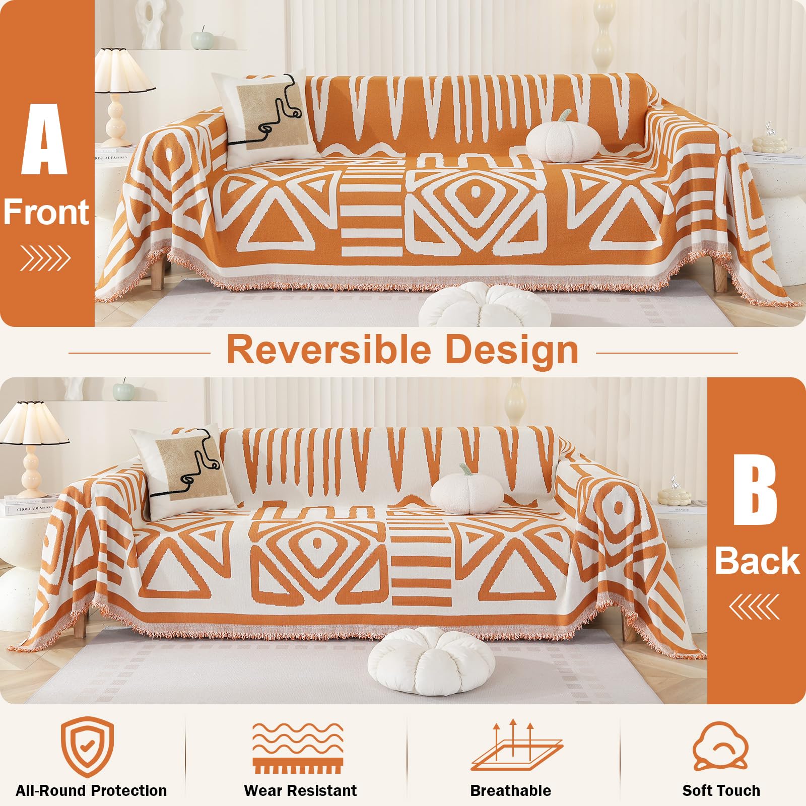 Boho Sofa Cover 3 Seater, Chenille Couch Cover for Corner Sofa Washable Sofa Slipcover - Image 2