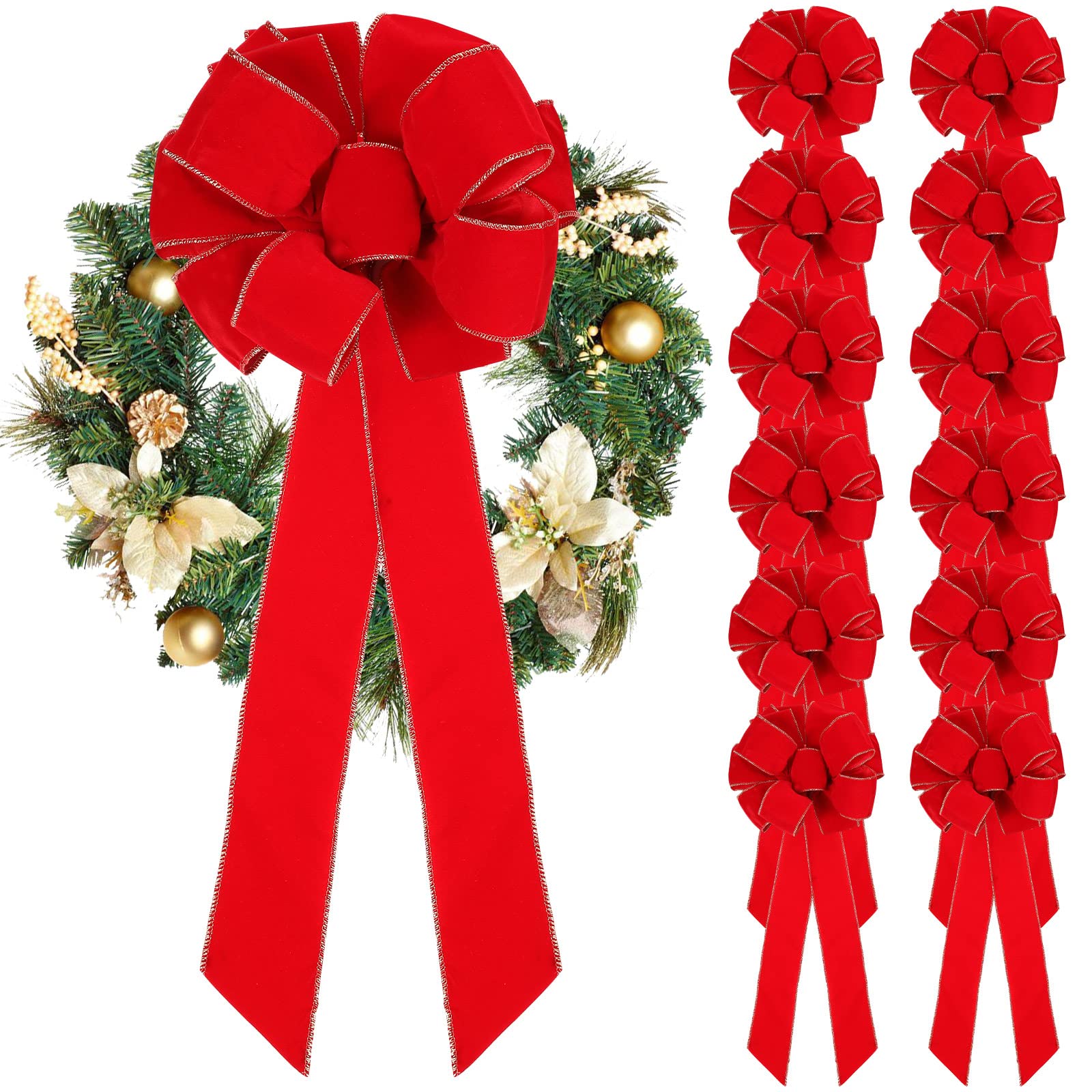 Kigeli 24 Stück große rote Weihnachtsschleife 25,4 x 66 cm roter Samt Gold Drahtkante Band Weihnachtskranz Schleife für Baumspitze Heimdekoration (12 Stück)