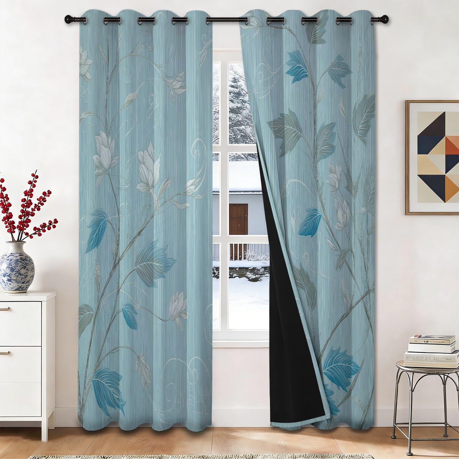 Wirujące i botaniczne minimalistyczne zasłony okienne 70 l x 240 H cm (2 panele), gruba izolacja termiczna 240g/m² do drzwi okiennych, biura, sypialni, jasnoniebieskie