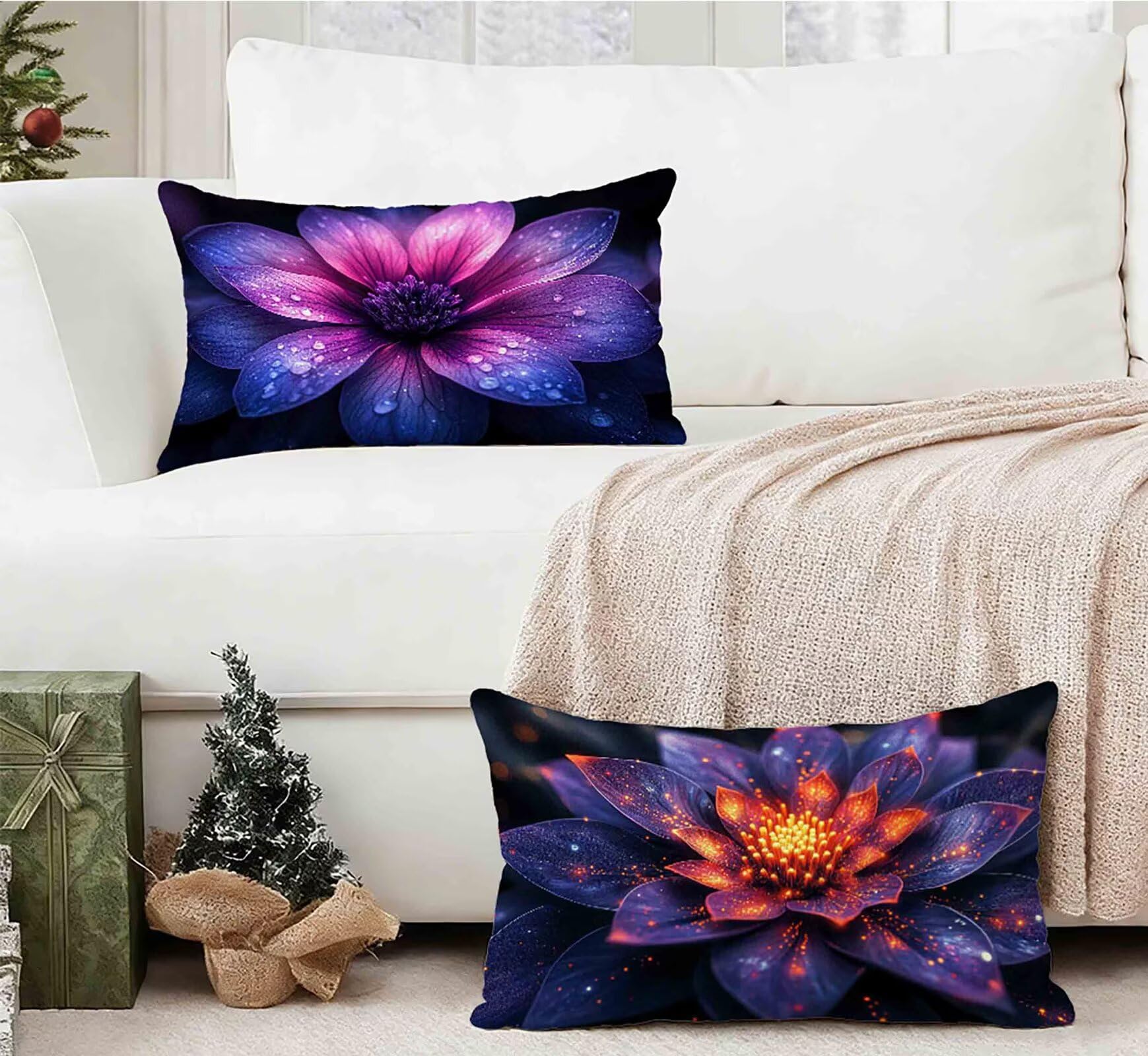 Kissenbezug 50x70cm 2er Set, Kissenbezug Lila Kopfkissen Lotus Muster Design Kopfkissenbezug Wasserdicht Leinen Pillow Case Herbstdeko mit Verstecktem Reißverschluss für Deko Wohnzimmer -lsy25012QO