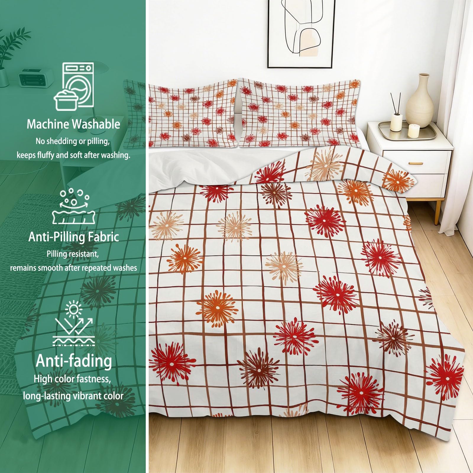 Set copripiumino a griglia in morbida microfibra, motivo floreale, 3 pezzi, per tutte le stagioni, traspirante, bianco, con cerniera, per letto matrimoniale, 200 x 200 cm