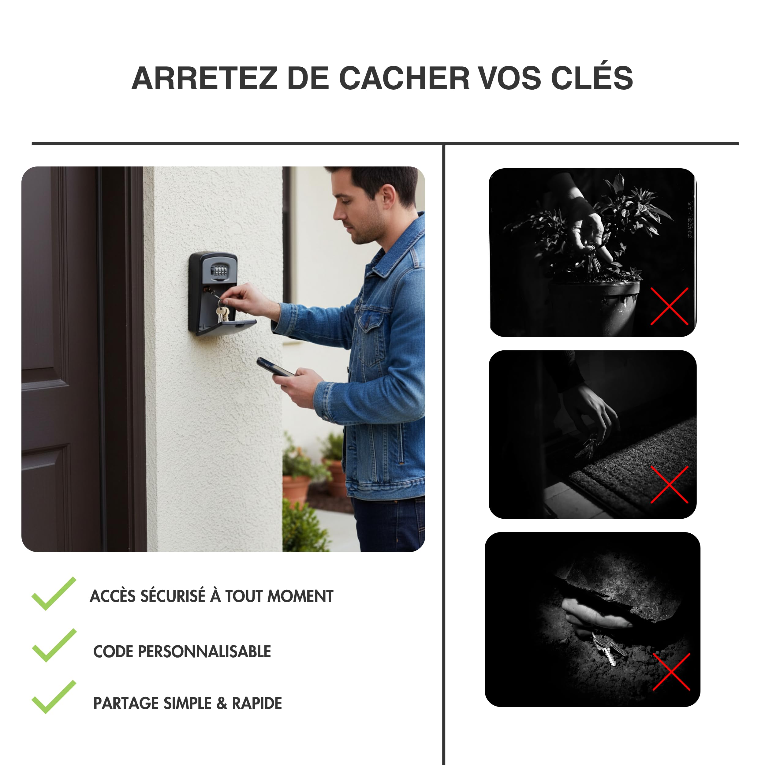 Boite à clés murale sécurisée avec code à 4 chiffres XL, intérieur/extérieur, étanche, fixation murale, Grande Capacité & Imperméable, Coffre Fort a Clefs pour Maison Bureau Garage, grande taille
