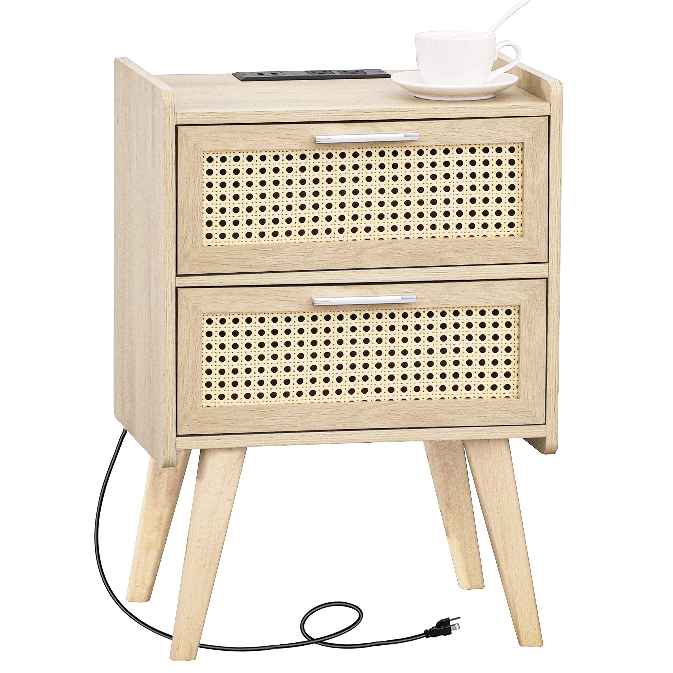 HHETOGOL Rattan Nightstand, Side Table with Drawers, Boho Desk, Side