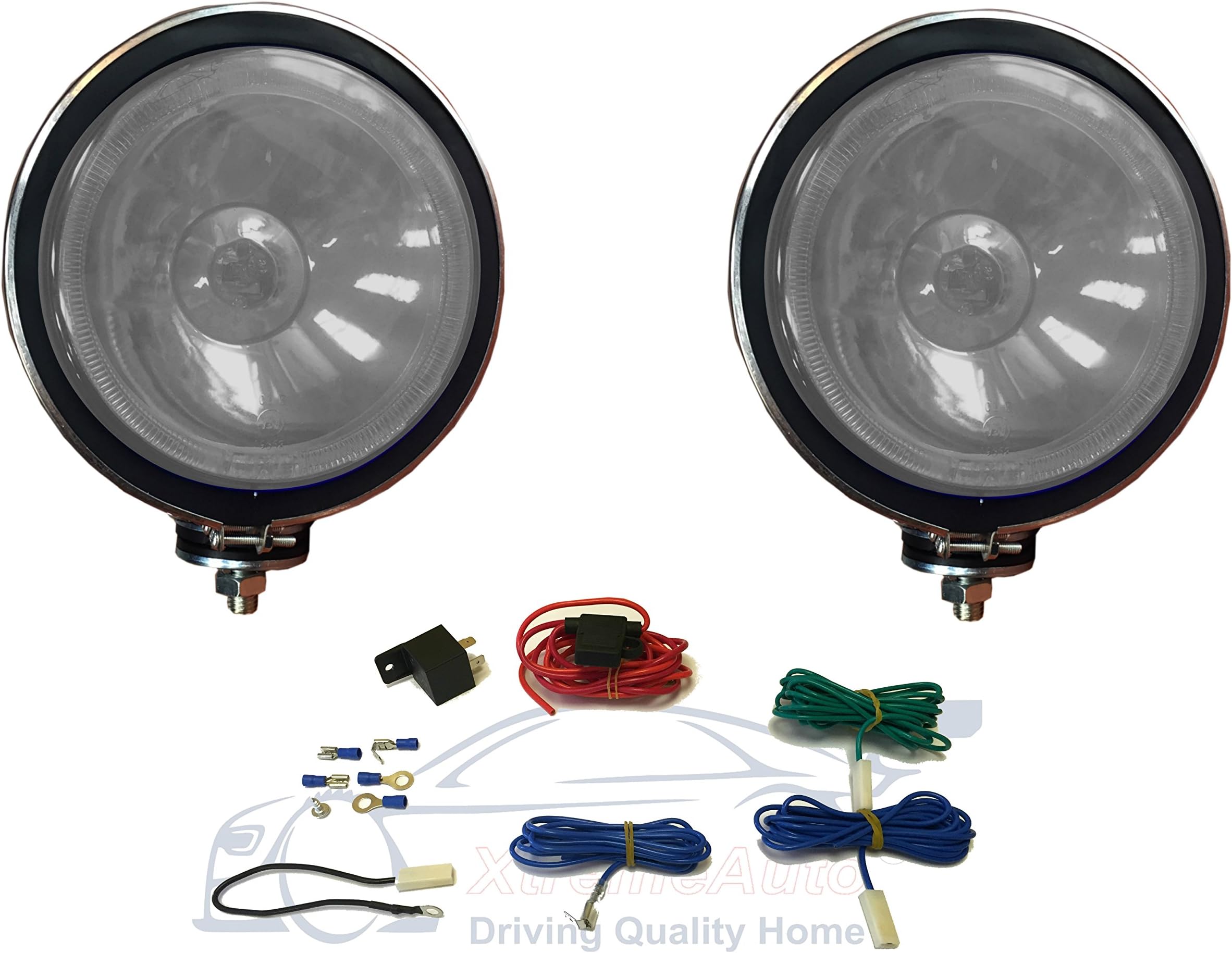 XtremeAuto® (CLEAR/WHITE LIGHT With Wiring Kit TWIN 6", CHROME SPOT LAMP KIT FOR 4X4 OFF ROAD, For Jeep/Pickup: LANDROVER: Freelander, Discovery, Defender, Range Rover/Sport,