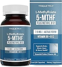 L Methylfolate 7.5mg plus Methyl B12 - Active 5-MTHF Form, MTHFR Supplement - Bloodstream Ready Methylated Folate + B12 Cofactor - Supports Mood, Homocysteine Methylation, Cognition (60 Capsules)