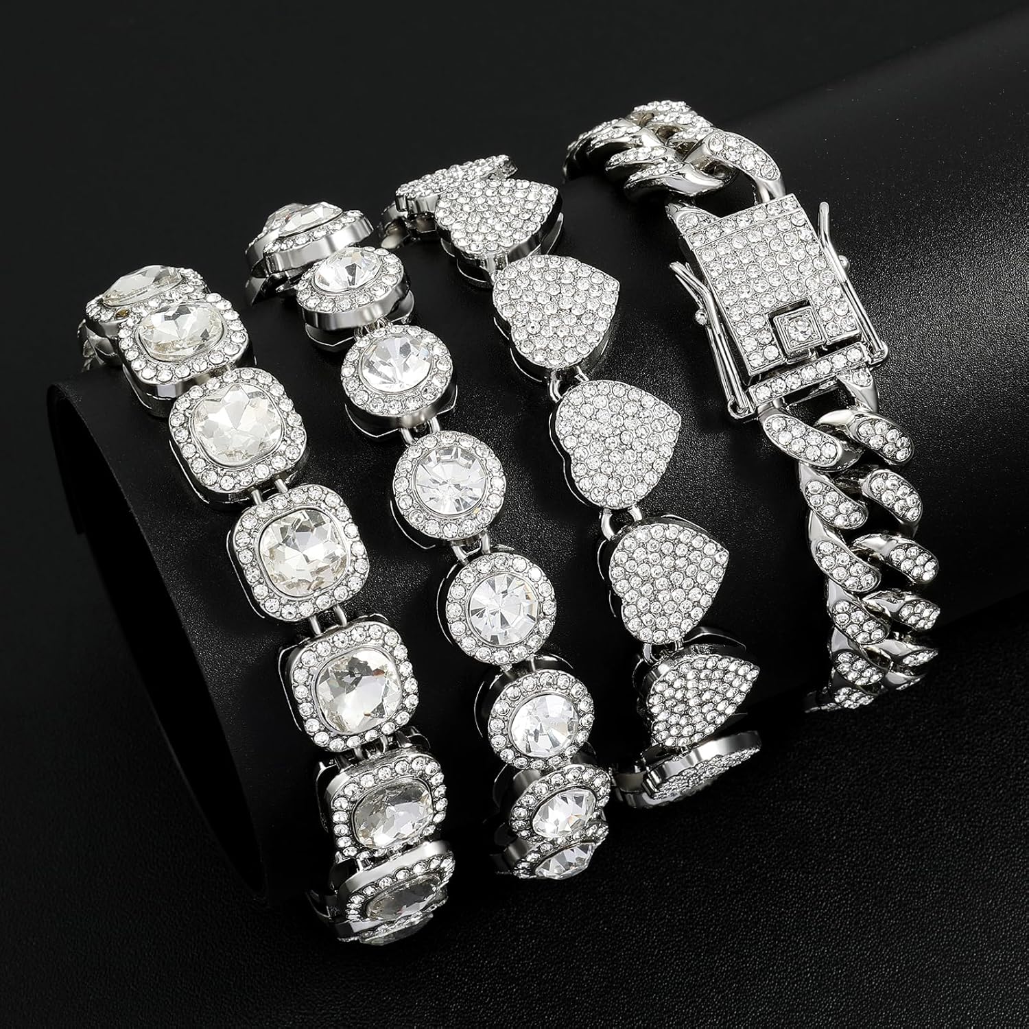 JUNVirtuous Tennis Bracelets for Women,4PCS Diamond Chain Heart & Round & square & Cuban Bracelets Set Iced Out Miami Hip Hop Jewelry - Image 7