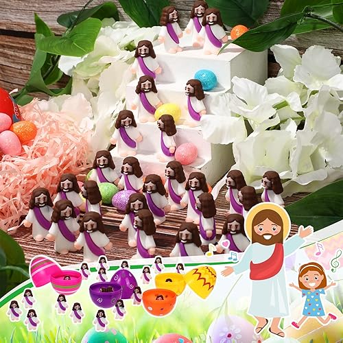 Vista 43 de Sumind 50 figuras de Jesús de diseño original, milagro, mini bolsillo para esconderse y buscar, relleno de huevos de Pascua, regalos de fiesta Azul