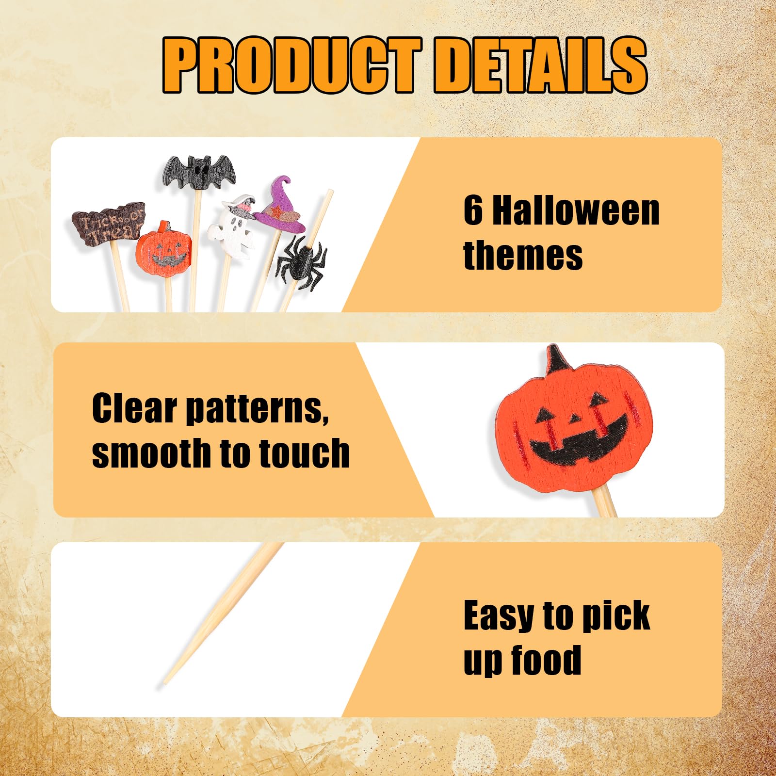 Yawdil 100 stuzzicadenti usa e getta per Halloween, stuzzicadenti in bambù, per buffet, torte, frutta, zucca, cappello di ragno, lettera fantasma, stuzzicadenti in bambù, decorazione per torte di