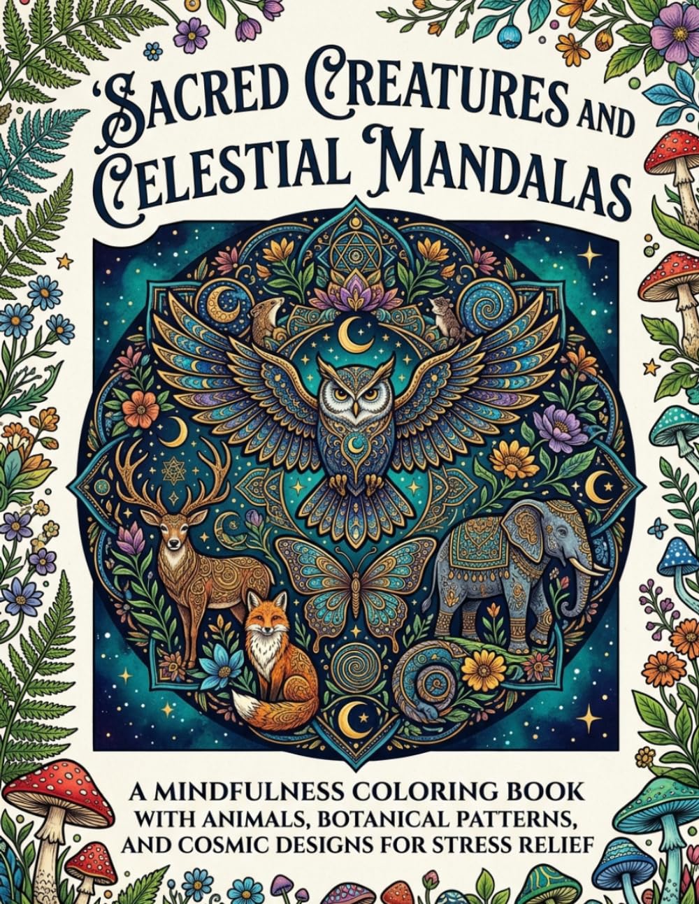 Sacred Creatures and Celestial Mandalas: A Mindfulness Coloring Book with Animals, Botanical Patterns, and Cosmic Designs for Stress Relief