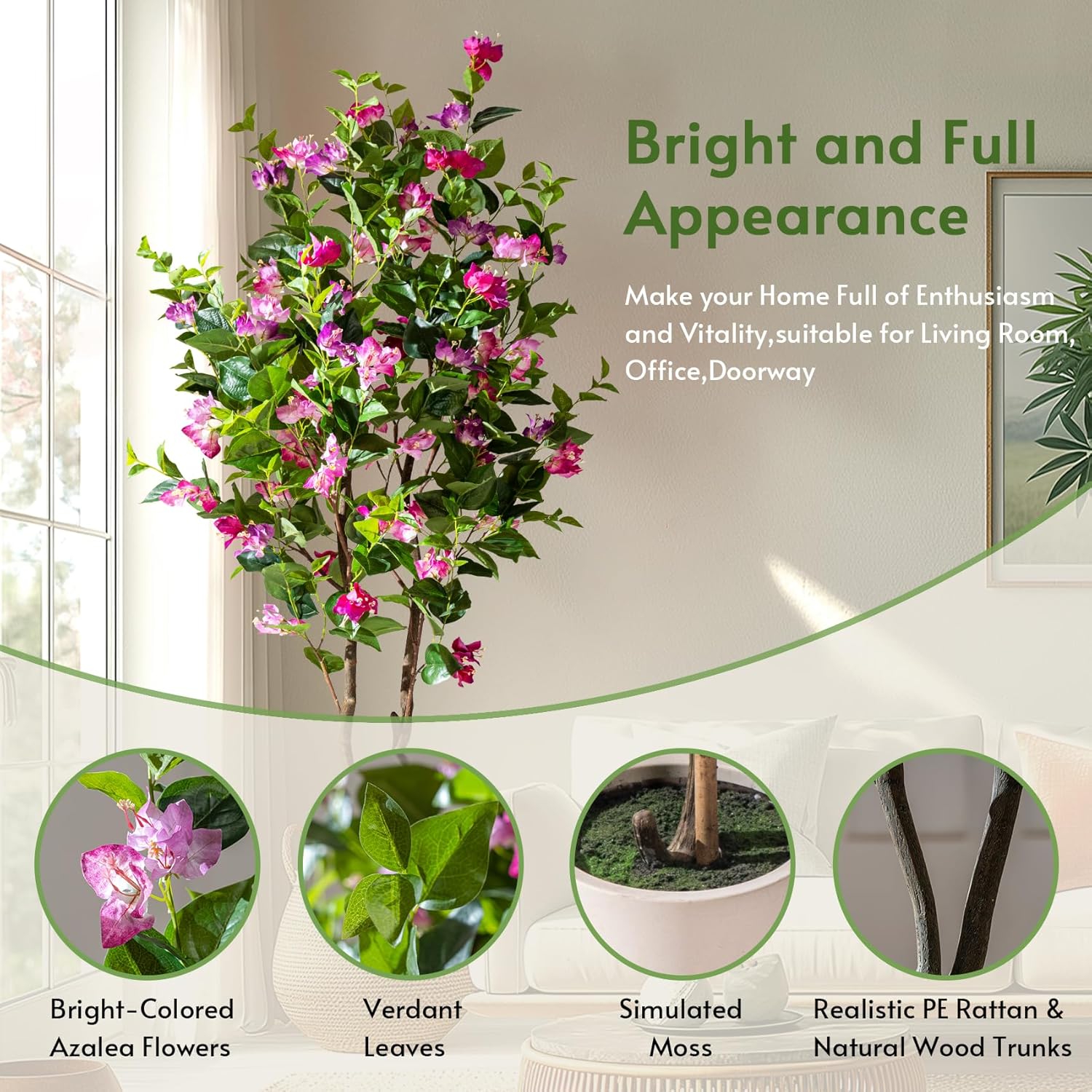 6FT Artificial Bougainvillea Tree Artificial Tree Tall Potted Fake Bougainvillea Trees for Outdoor Indoor Lifelike Potted Faux Plants with Wood Trunk and Flowers Office Wedding Home Decor - Image 9