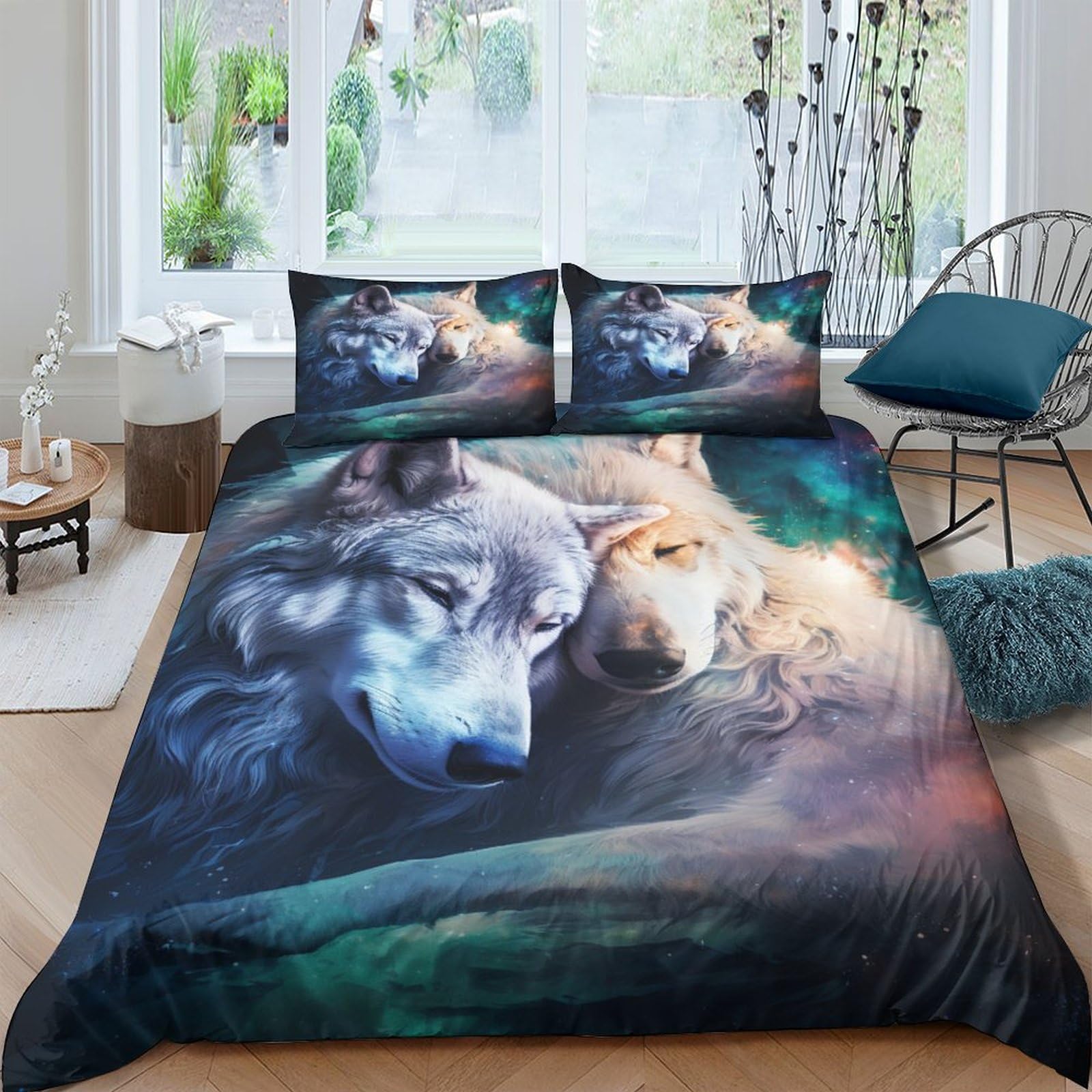 Housse de couette loup 3D anti-plis 220x240cm avec zip pour grand lit