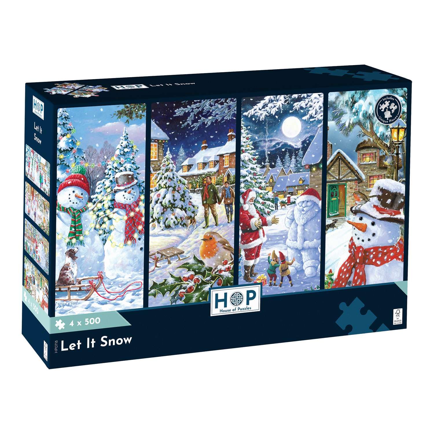 The House of Puzzles Let It Snow Jigsaw Set, 4 x 500 Piece Jigsaws for Adults Multi Puzzle Pack, Artist Illustrated