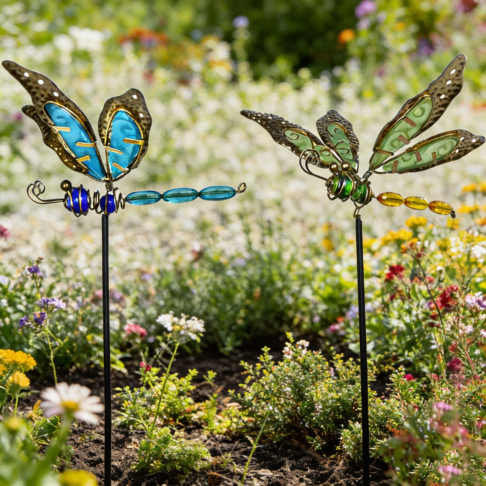 Estacas de libélula decorativas en plástico y metal de 75 cm para un jardín alegre y resistente