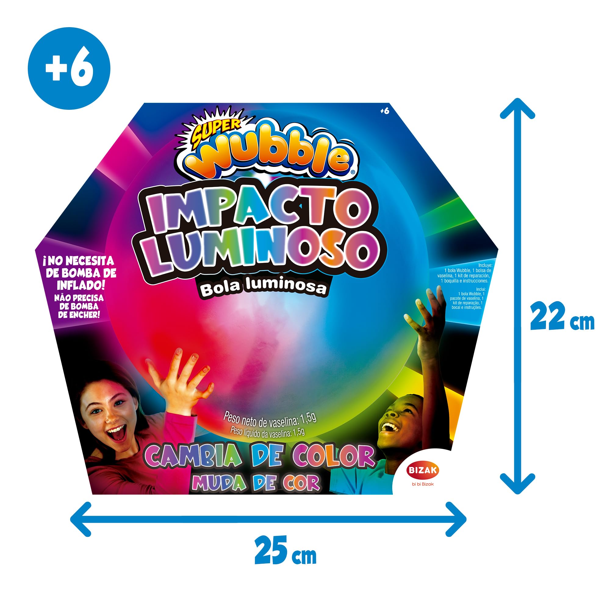Bizak Super Wubble Impatto Luminoso, Cambia colore Quando si scontra, sembra una bolla e si gioca come una palla gigante, per giocare dentro e fuori casa, si gonfia fino a 75 cm (62940716)