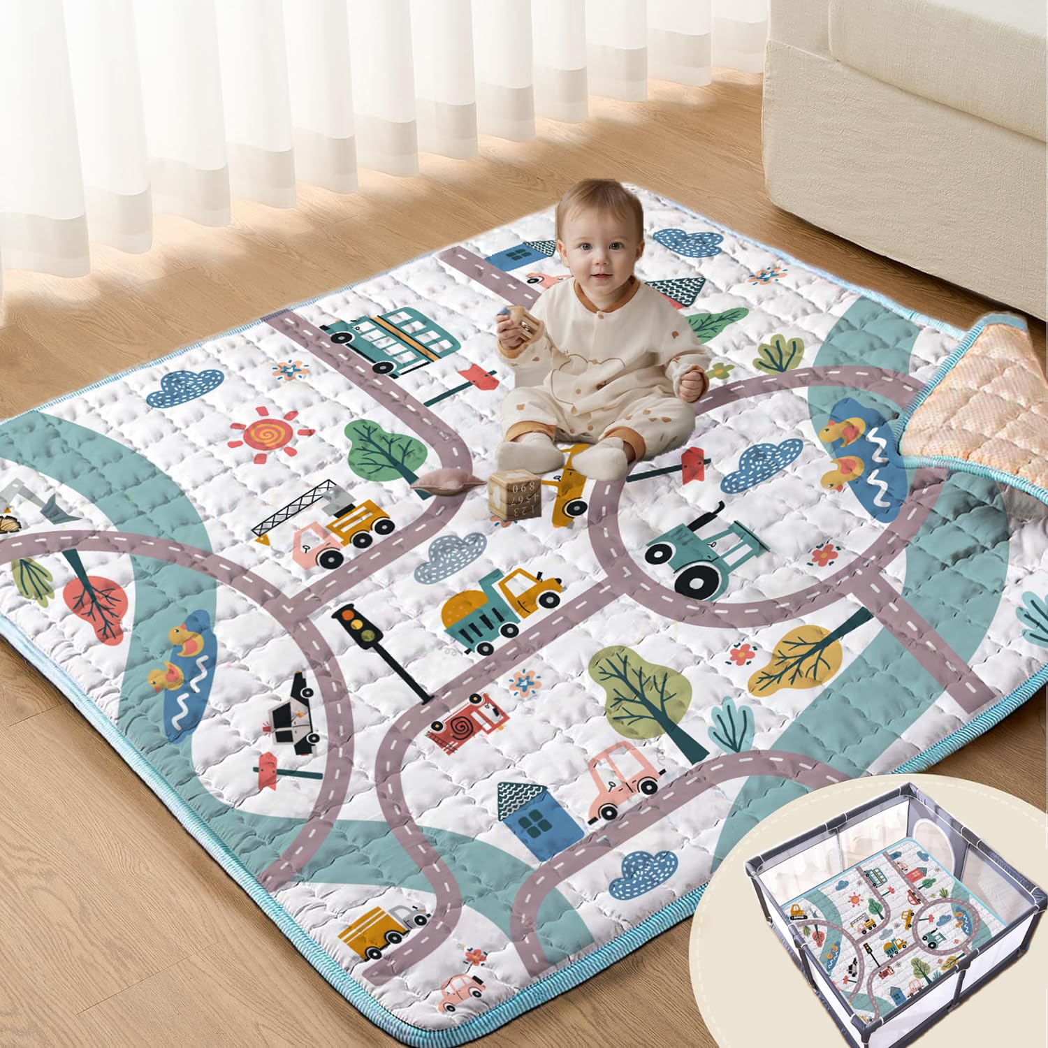 Tapetes de juego para bebé para piso, tapete de juego de 50 x 50 pulgadas, tapete de juego para automóvil antideslizante acolchado para gatear, tapetes de juego gruesos y suaves para bebés pequeños