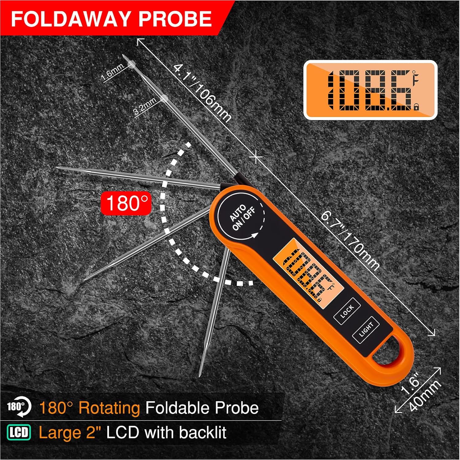 review YZ6021S Instant Read Meat Thermometer for Grill and Cooking - Ultra Fast & Precise Digital Food Thermometer with Foldable Probe Backlight Calibration Waterproof Magnet for Kitchen BBQ - Orange