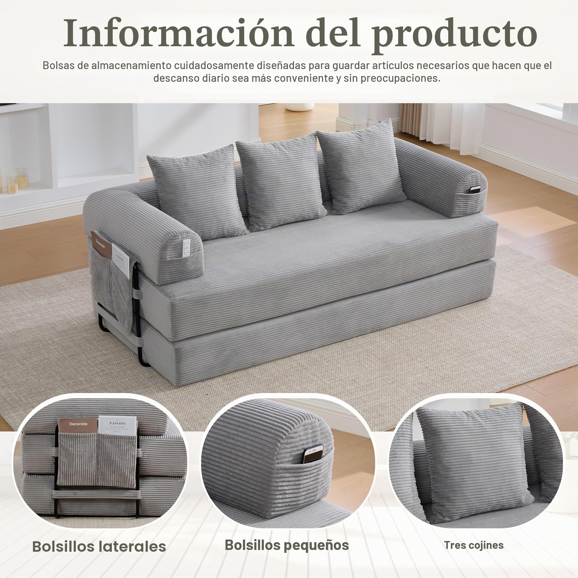 Sofá Cama Plegable con Respaldo y Almohada, Pana, Gris Claro | Para Salón Dormitorio, Sofá Matrimonio Convertible con Bolsa de Almacenamiento, Con Estructura de Metal y Reposabrazos