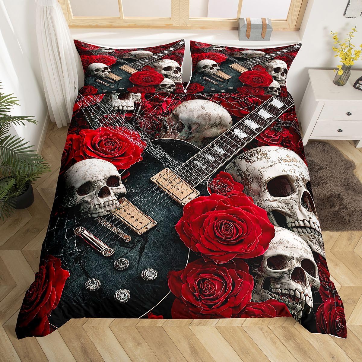 Rose Skull Bedding Set Full Red Guitar Comforter Cover For Boys Teens Men Kids,Vintage Gothic Music Duvet Cover Retro Grey Sugar Skull Spider Web Bedspread Cover With 2 Pillow Cases Bedroom Decor
